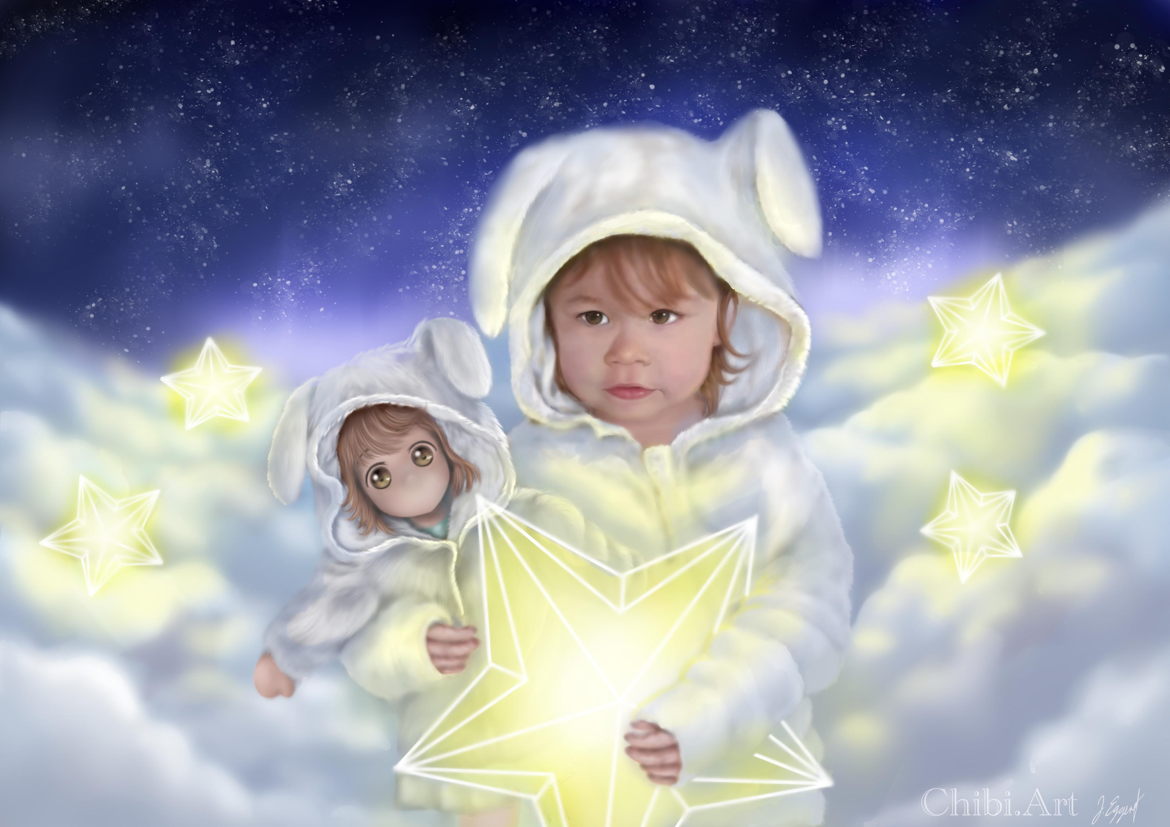 child bunny costume star chibi clouds sky light