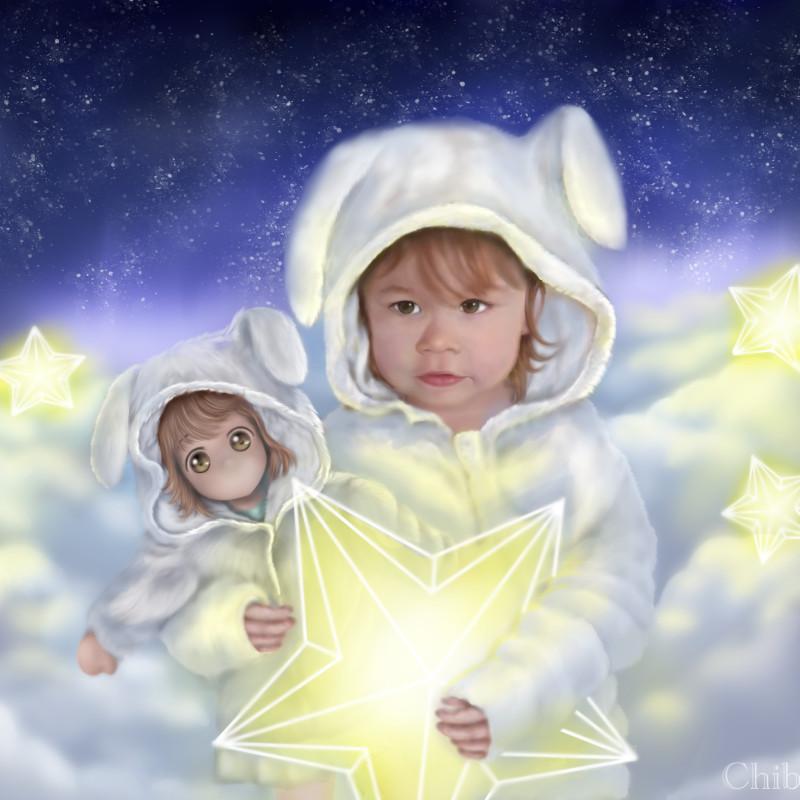 child bunny costume star chibi clouds sky light