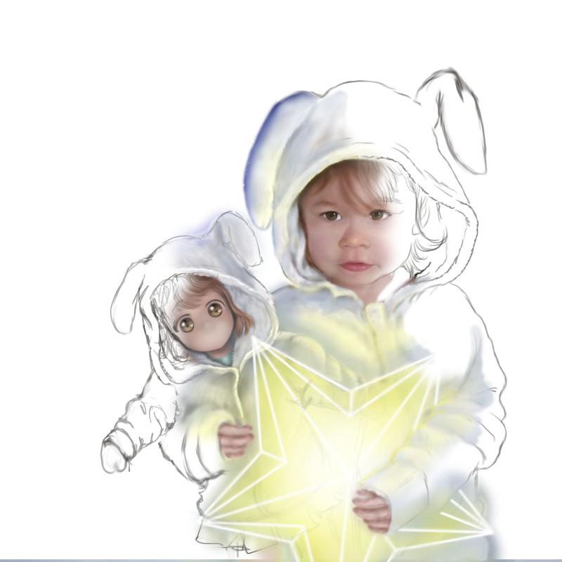 child bunny costume star chibi clouds sky light