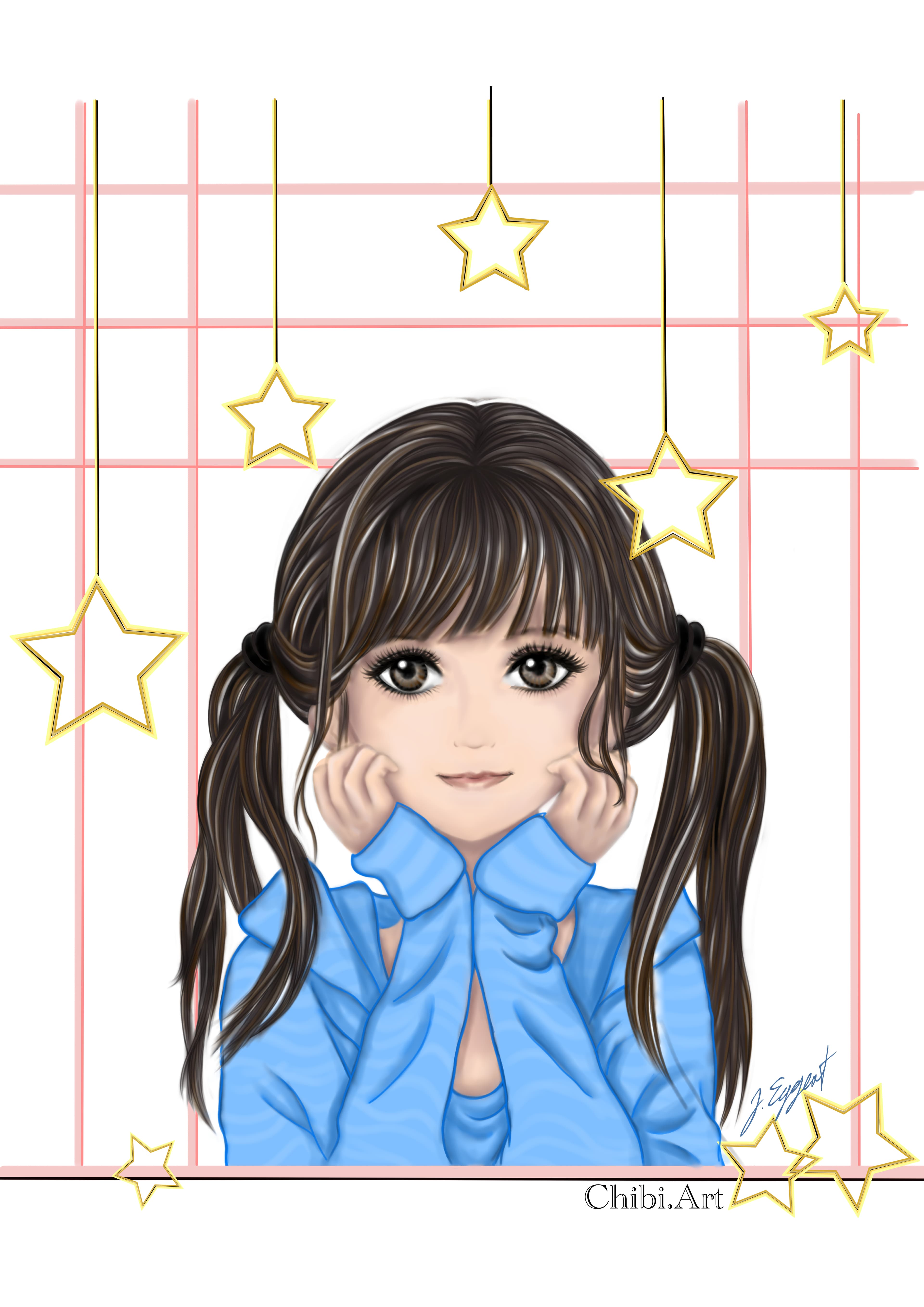 chibi girl smiling blue shirt golden stars happy portrait