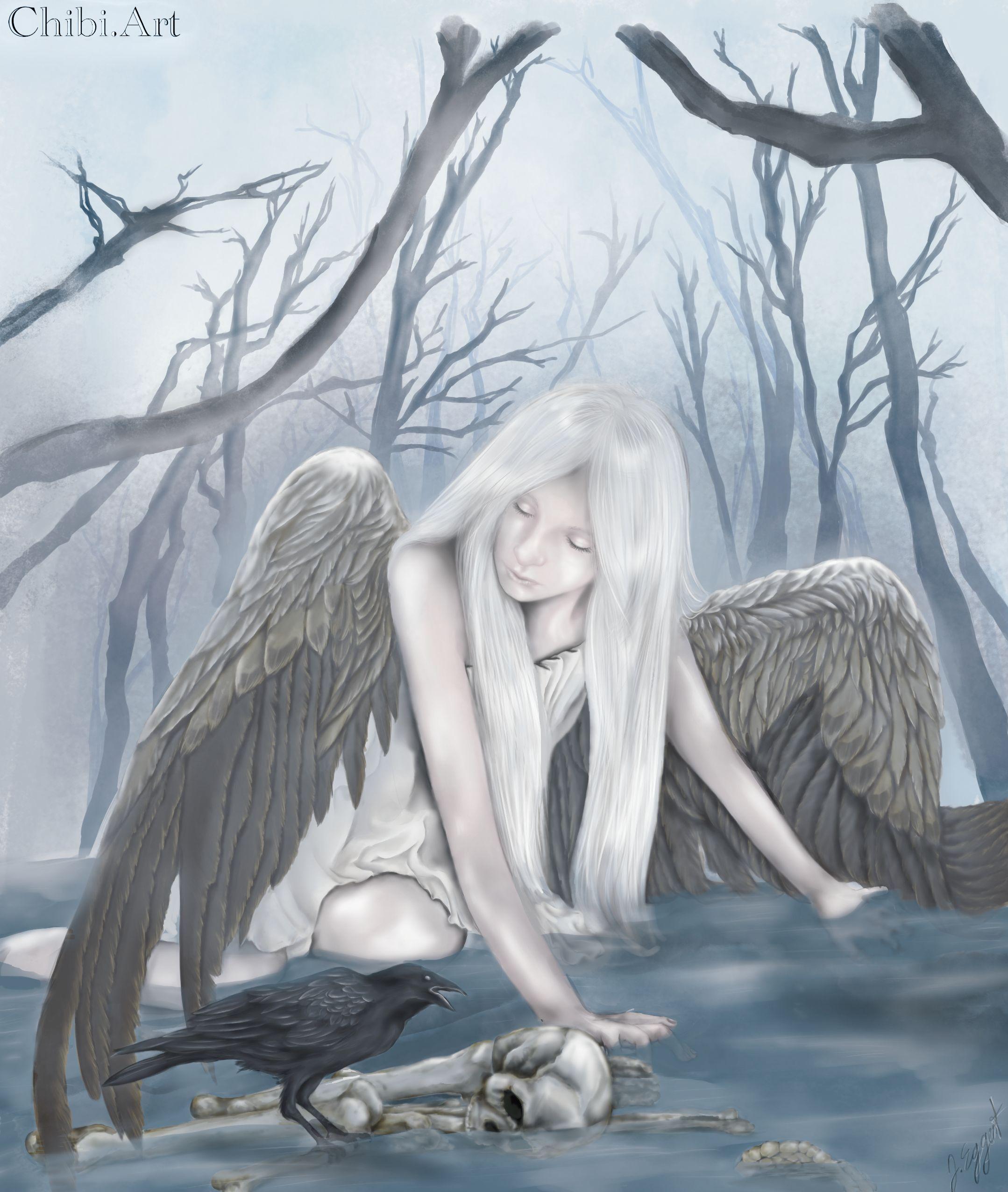 angel crow skeleton misty forest