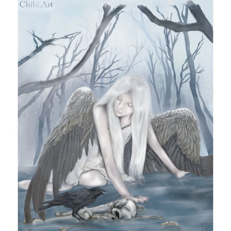 angel crow skeleton misty forest