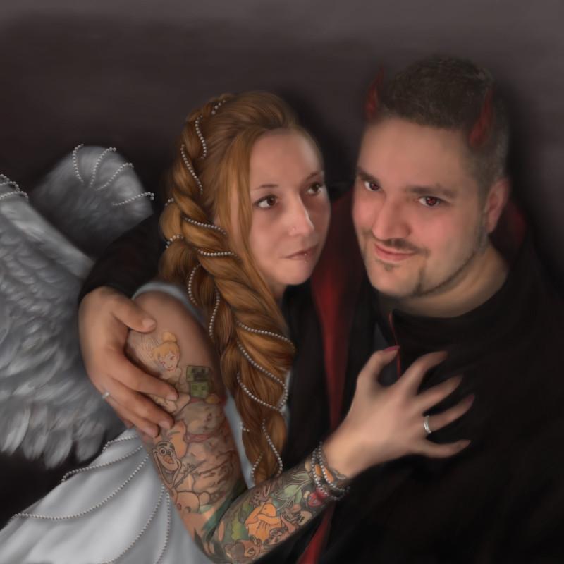 couple angel devil wings tattoos embrace