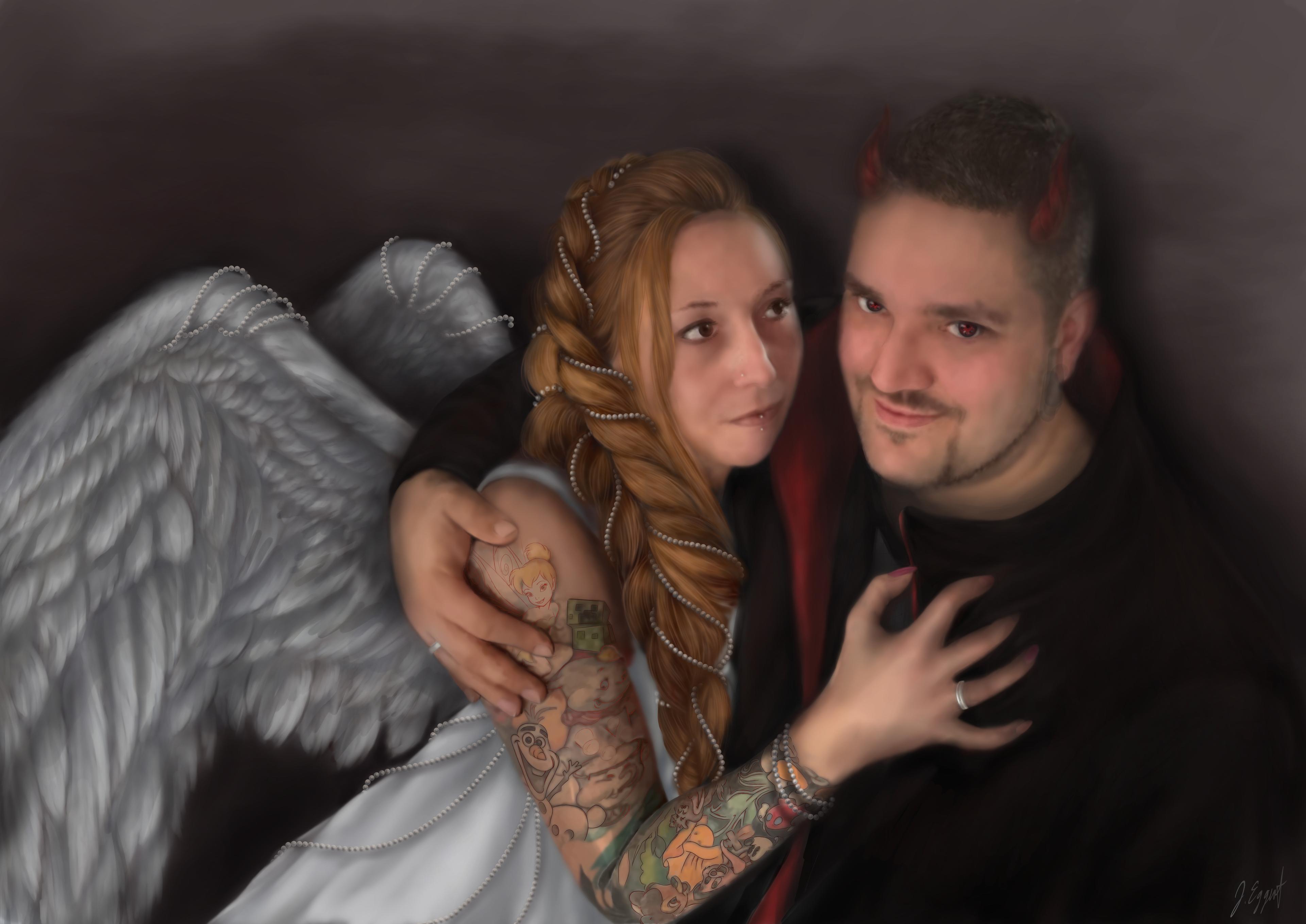 couple angel devil wings tattoos embrace