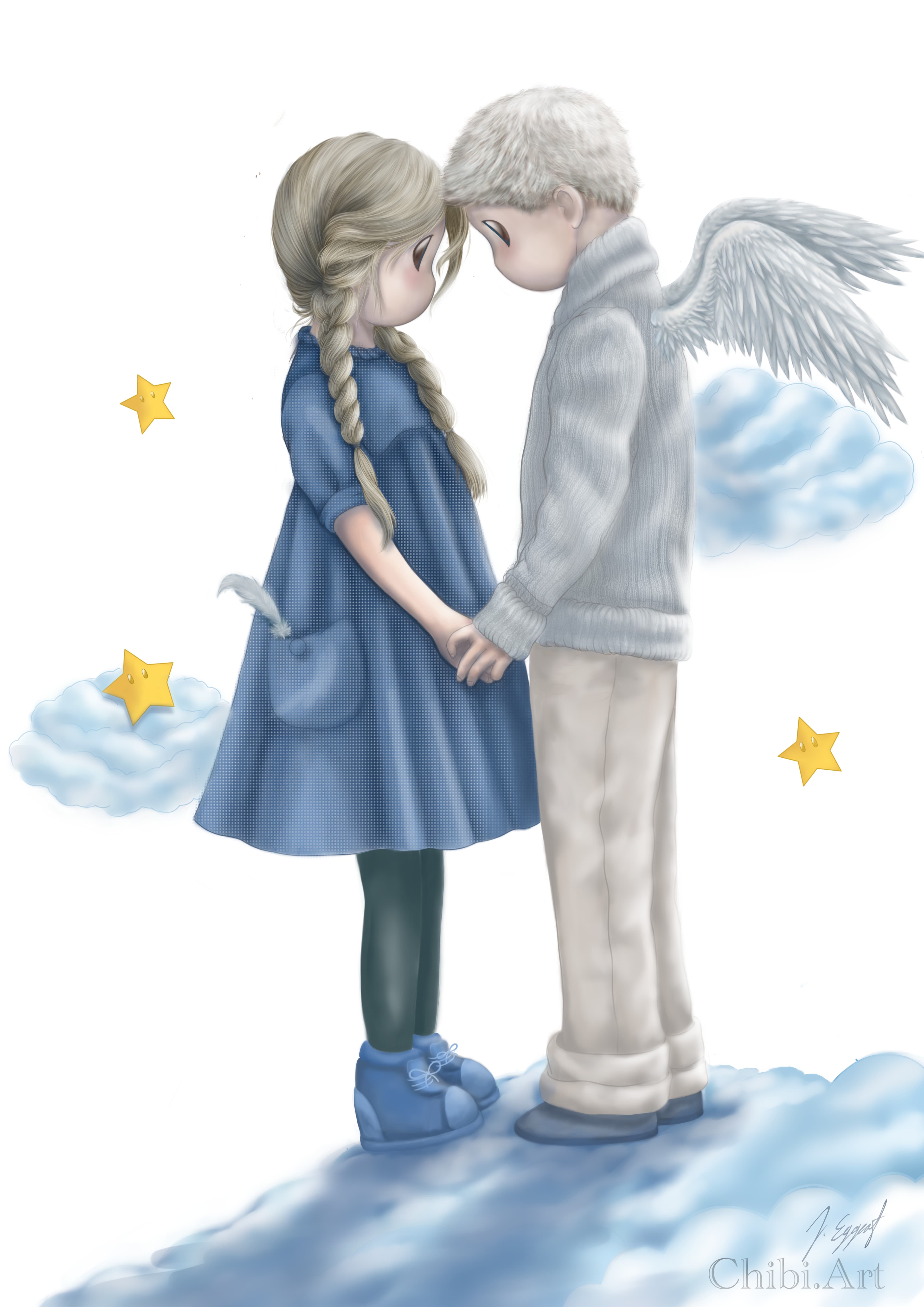 cute chibi angel wings stars clouds tender moment