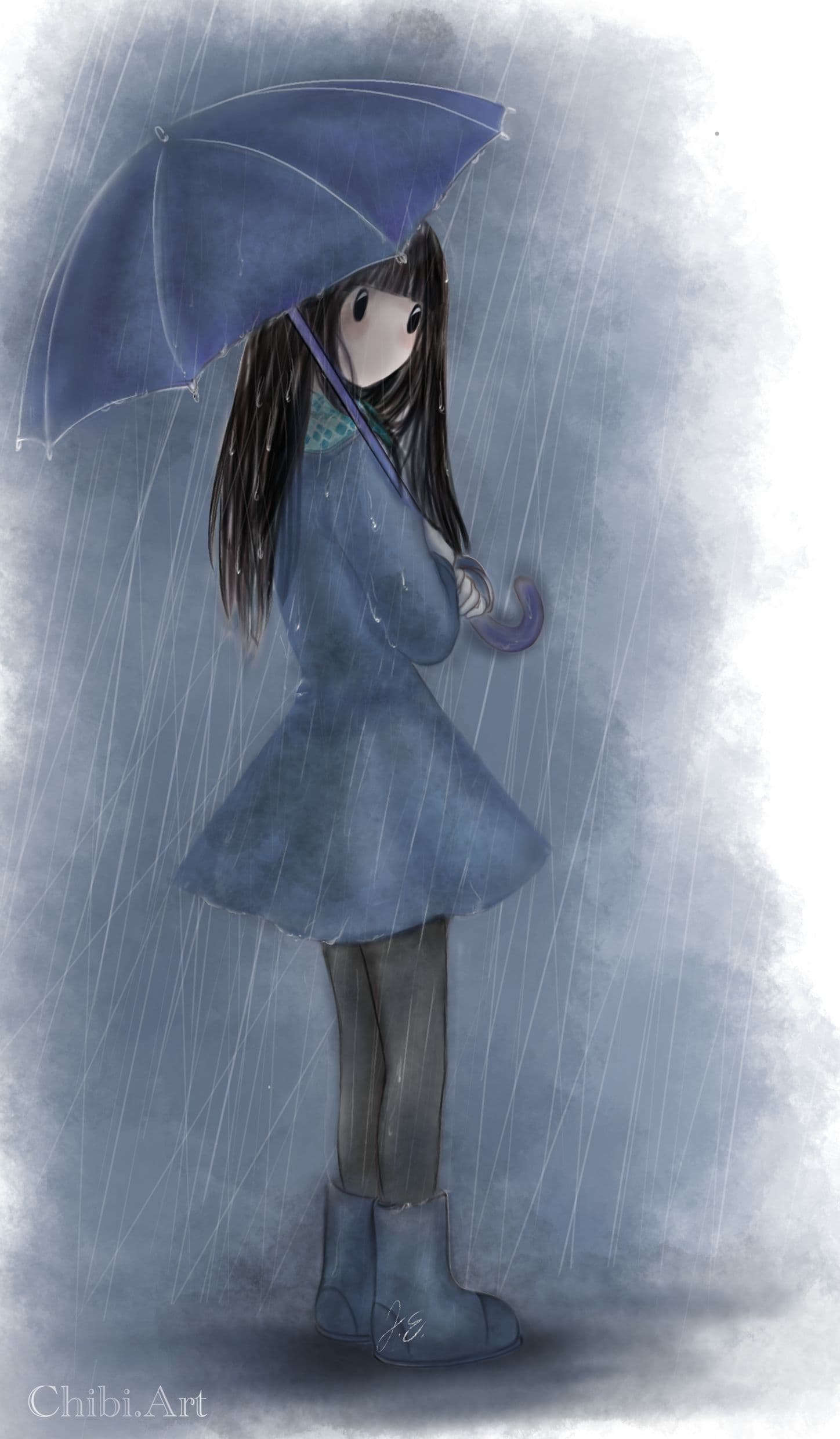 cute chibi girl umbrella rain solitude blue