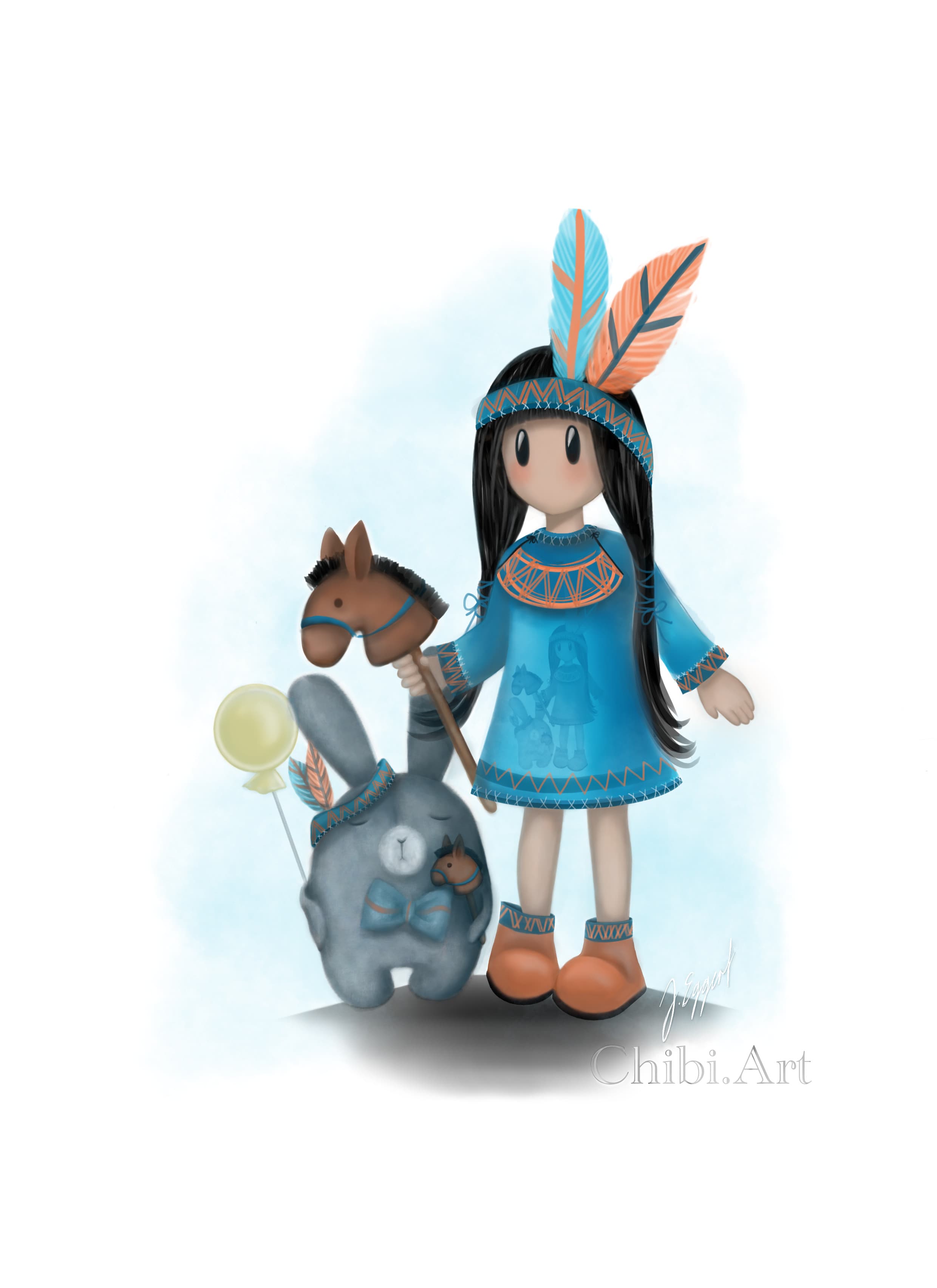 cute chibi girl native american costume toy horse rabbit balloons