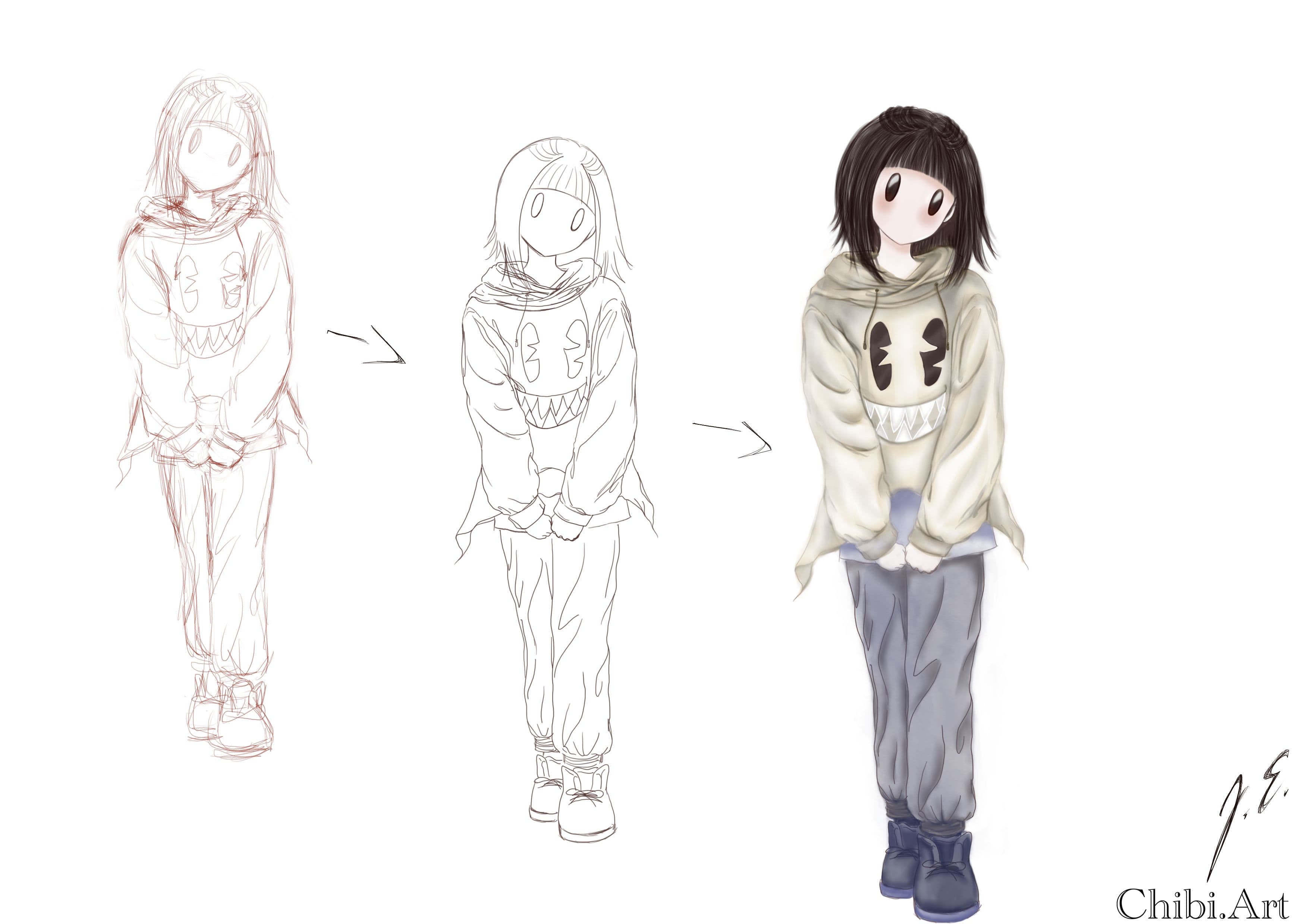 progression sketch inking colored chibi character design