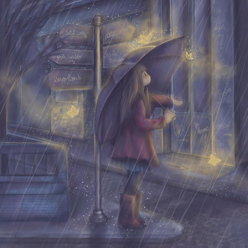 cute chibi girl umbrella rain streetlights magical night