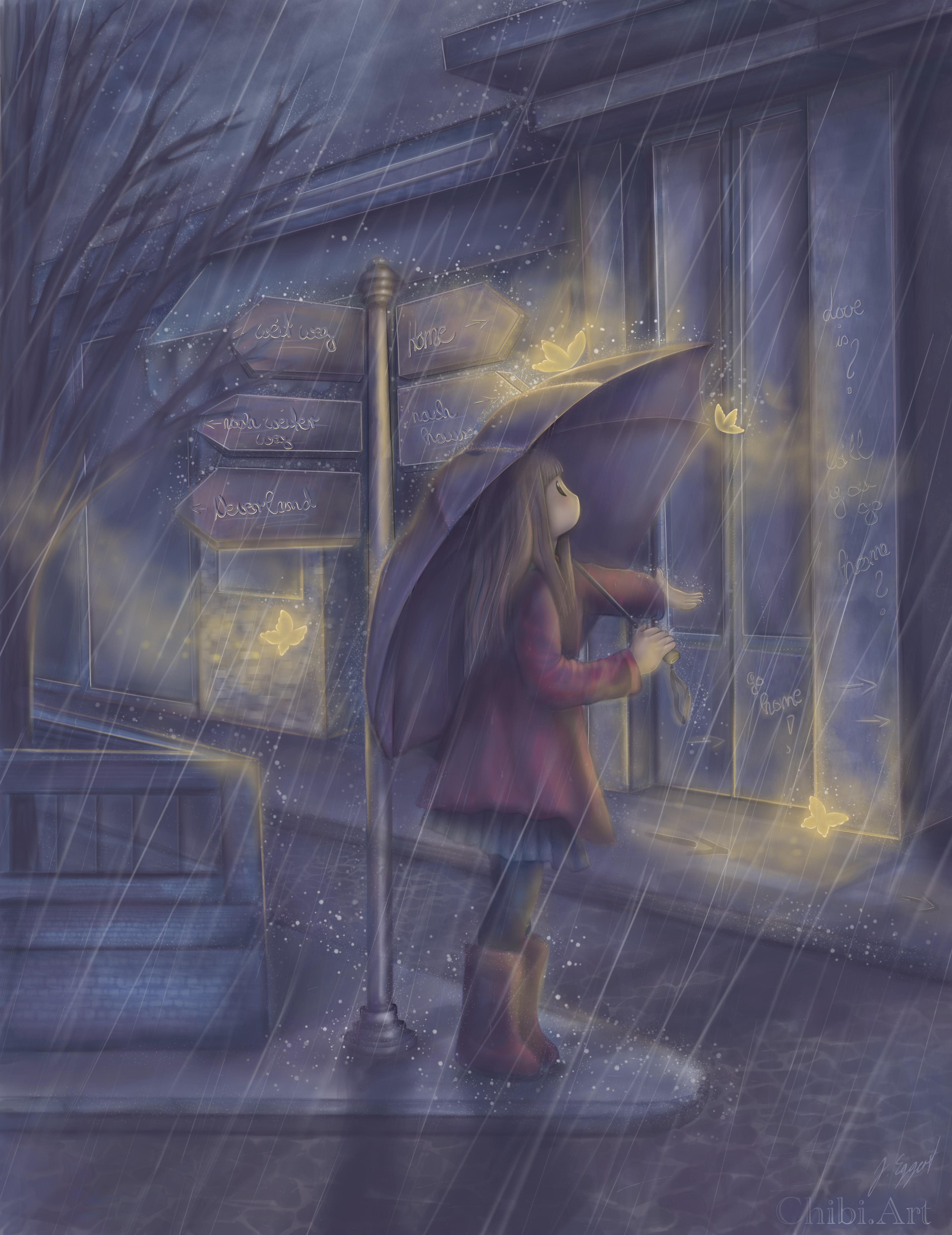 cute chibi girl umbrella rain streetlights magical night