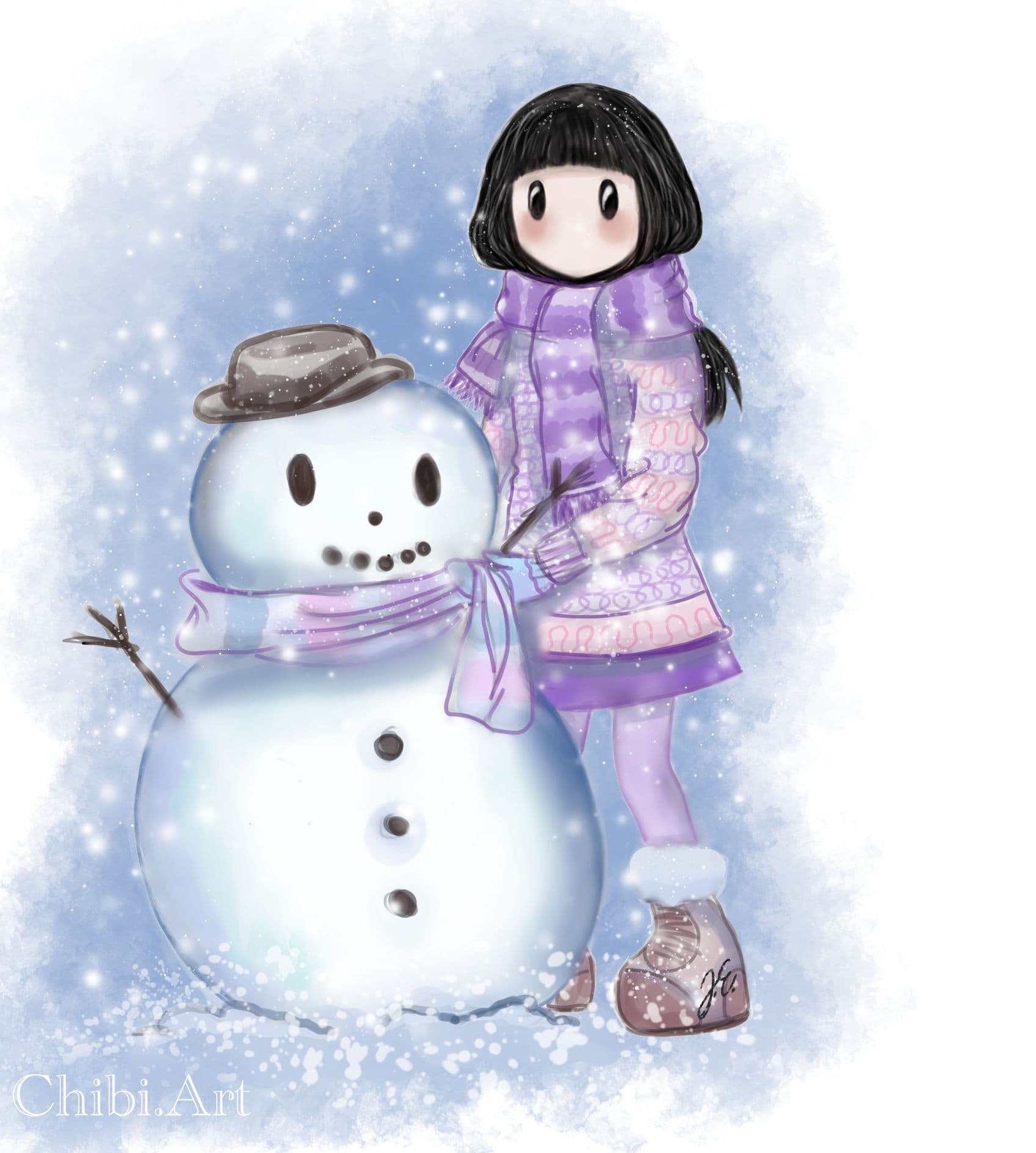 cute chibi girl snowman winter clothes snowflakes cheerful