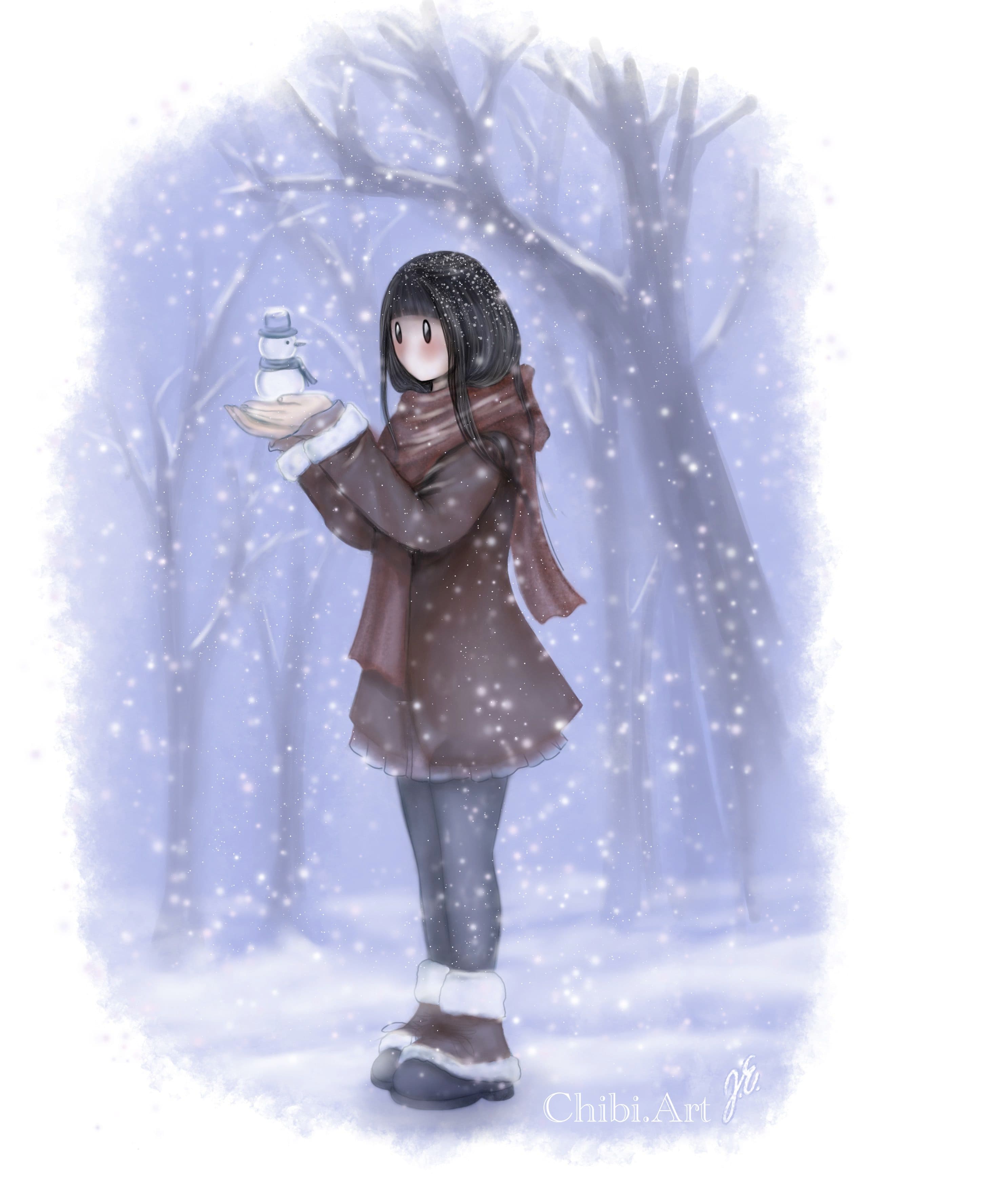 cute chibi girl snowman forest tranquil