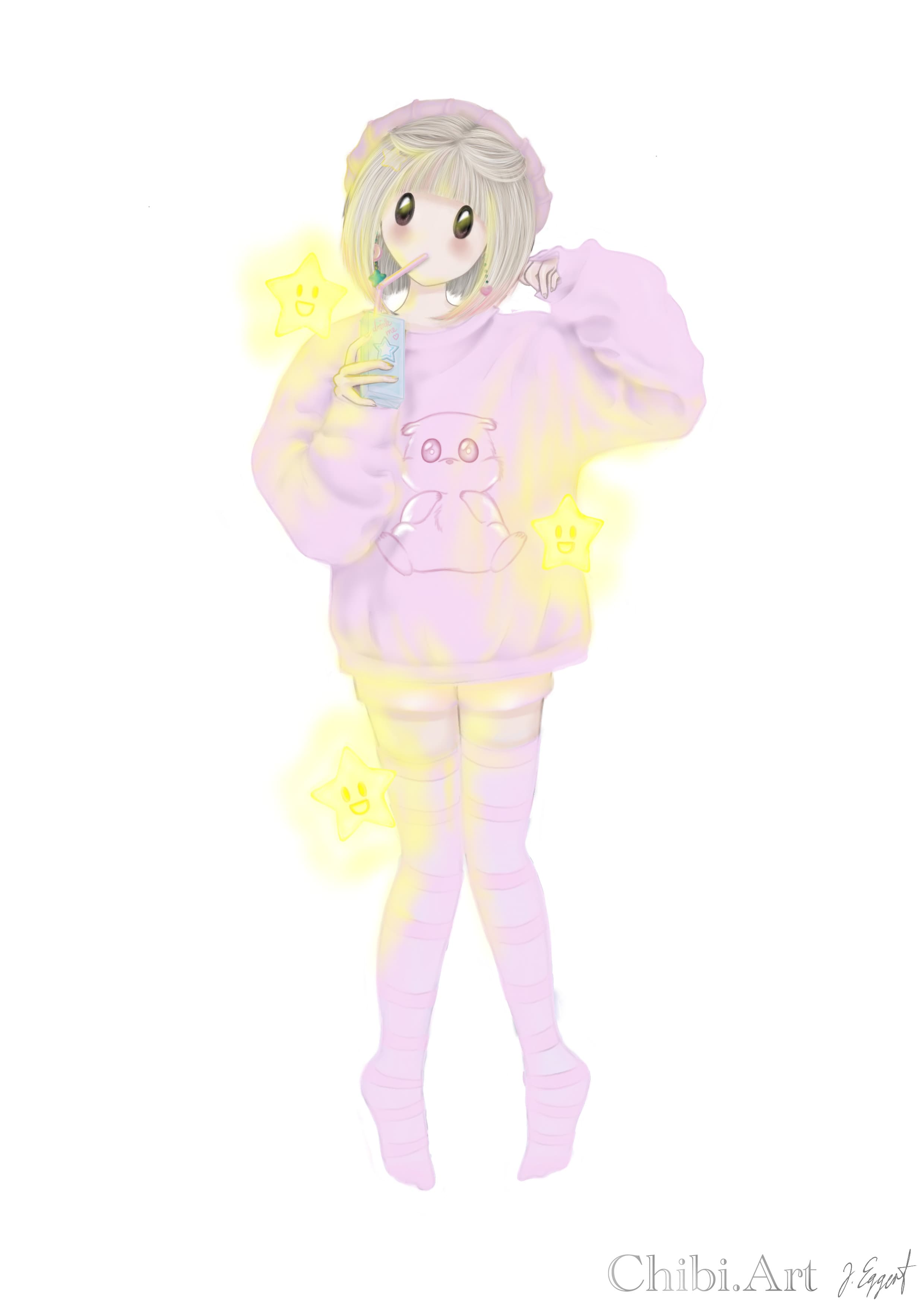 cute chibi enjoying beverage starry light