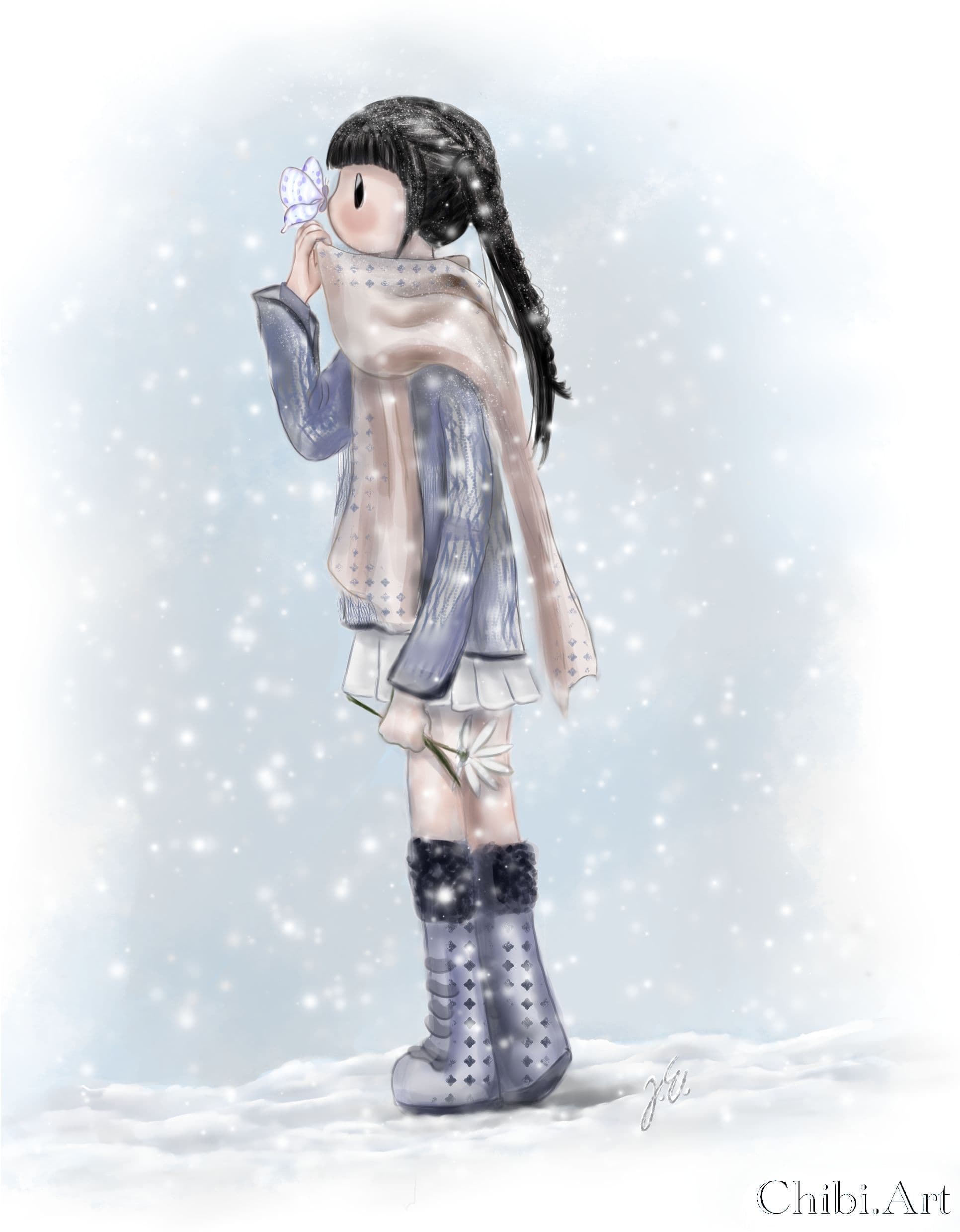 cute chibi girl snowflake butterfly winter