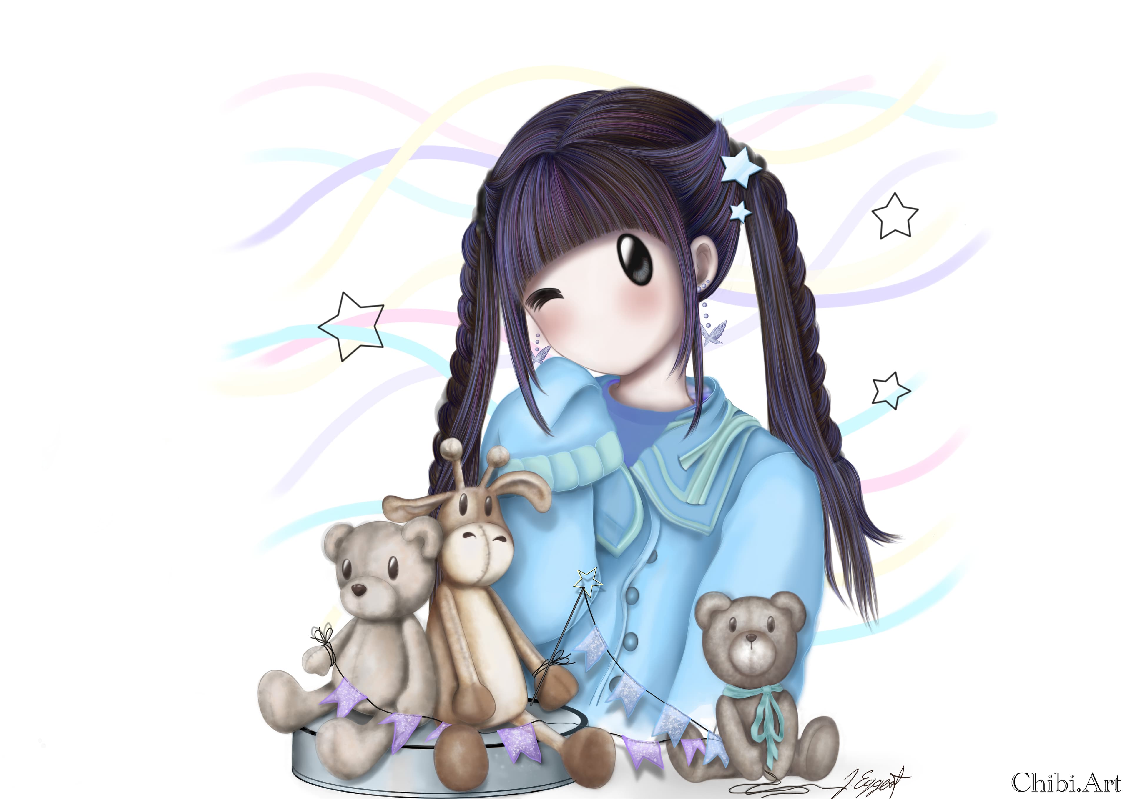 cute chibi girl teddy bears pastel stars