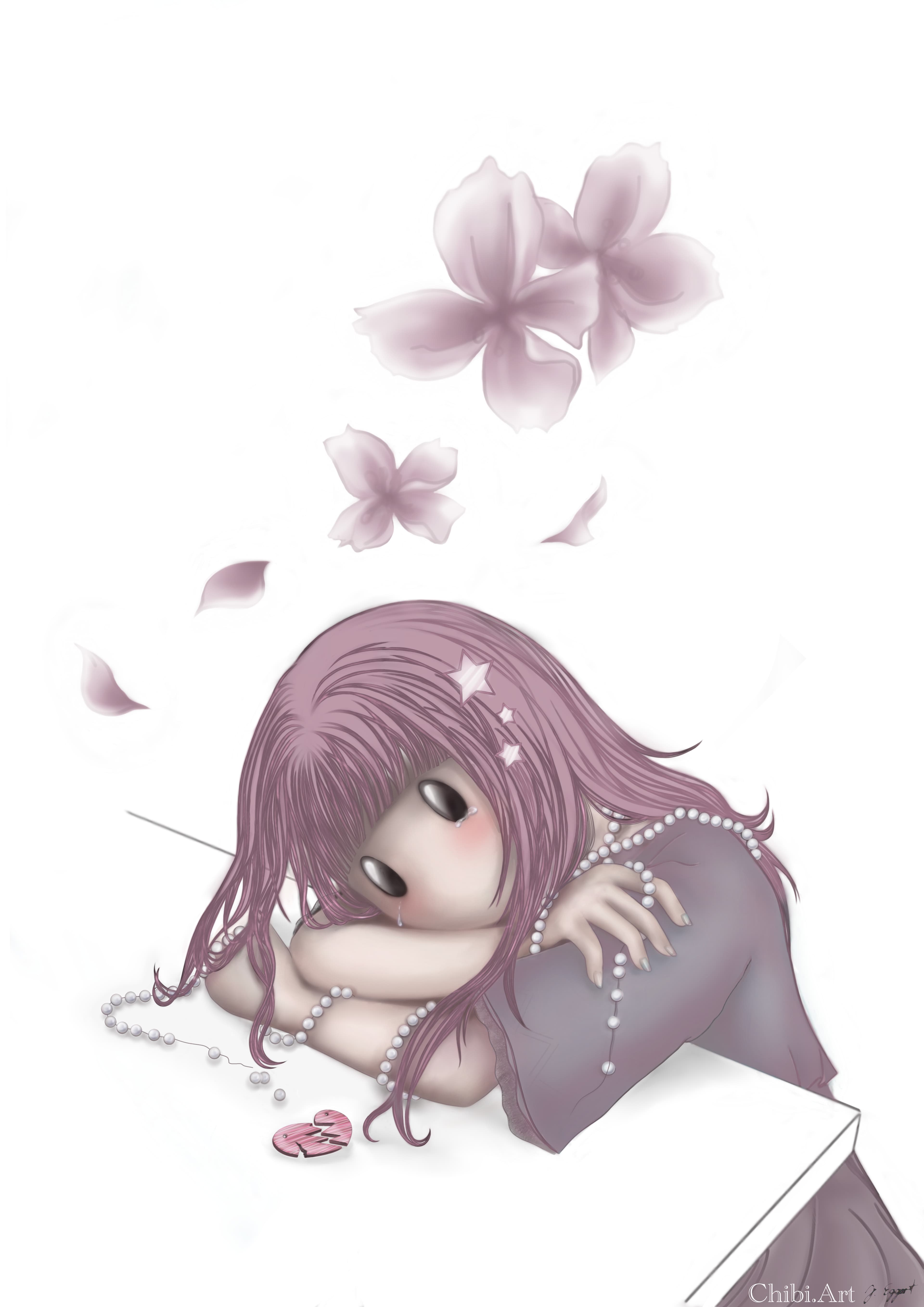 cute chibi girl heartbreak pearls petals contemplative