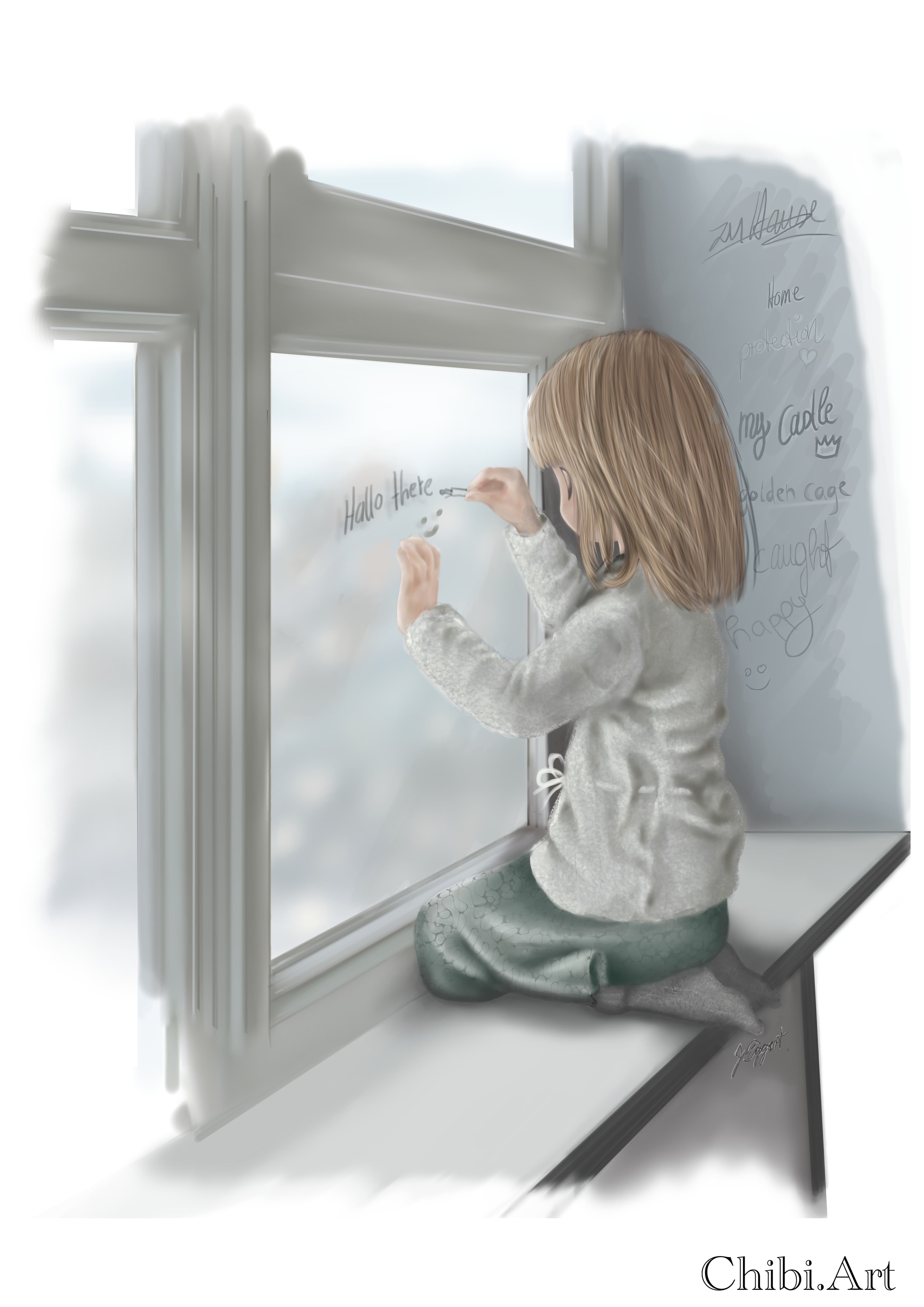 cute chibi writing window condensation cold cozy room