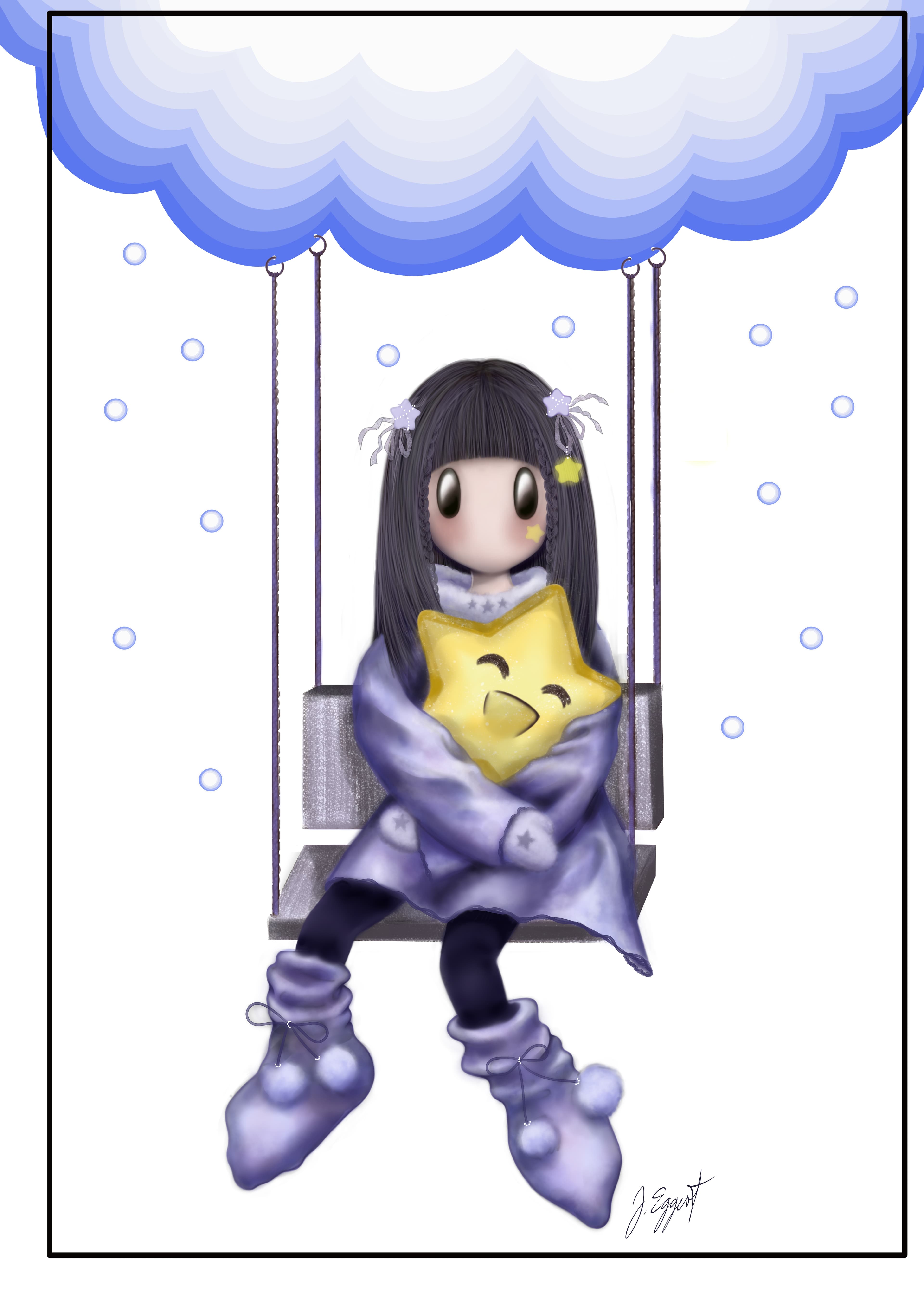 cute chibi girl swing star pillow purple blanket bubbles