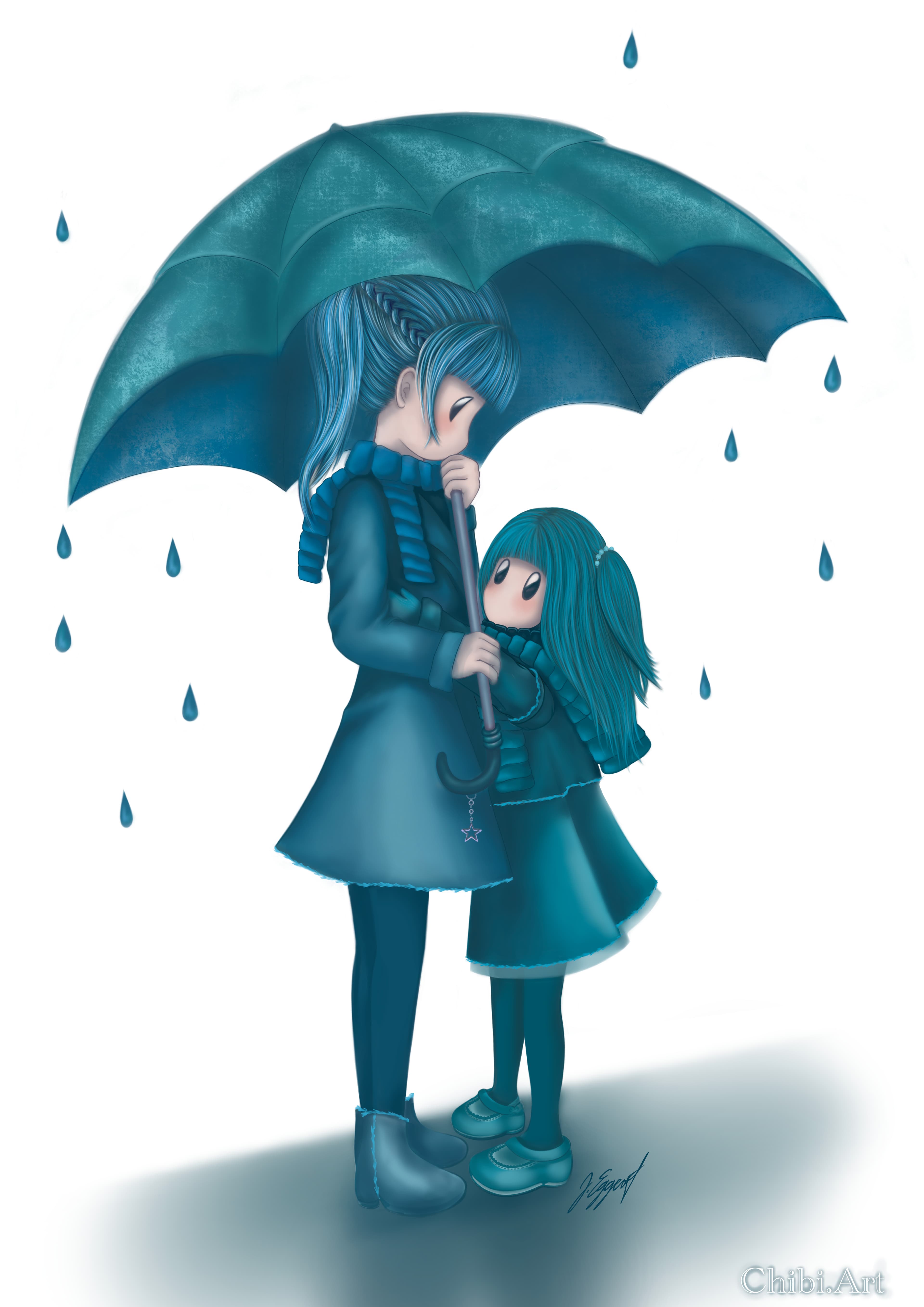 cute chibi characters umbrella rain teal coats emotional art