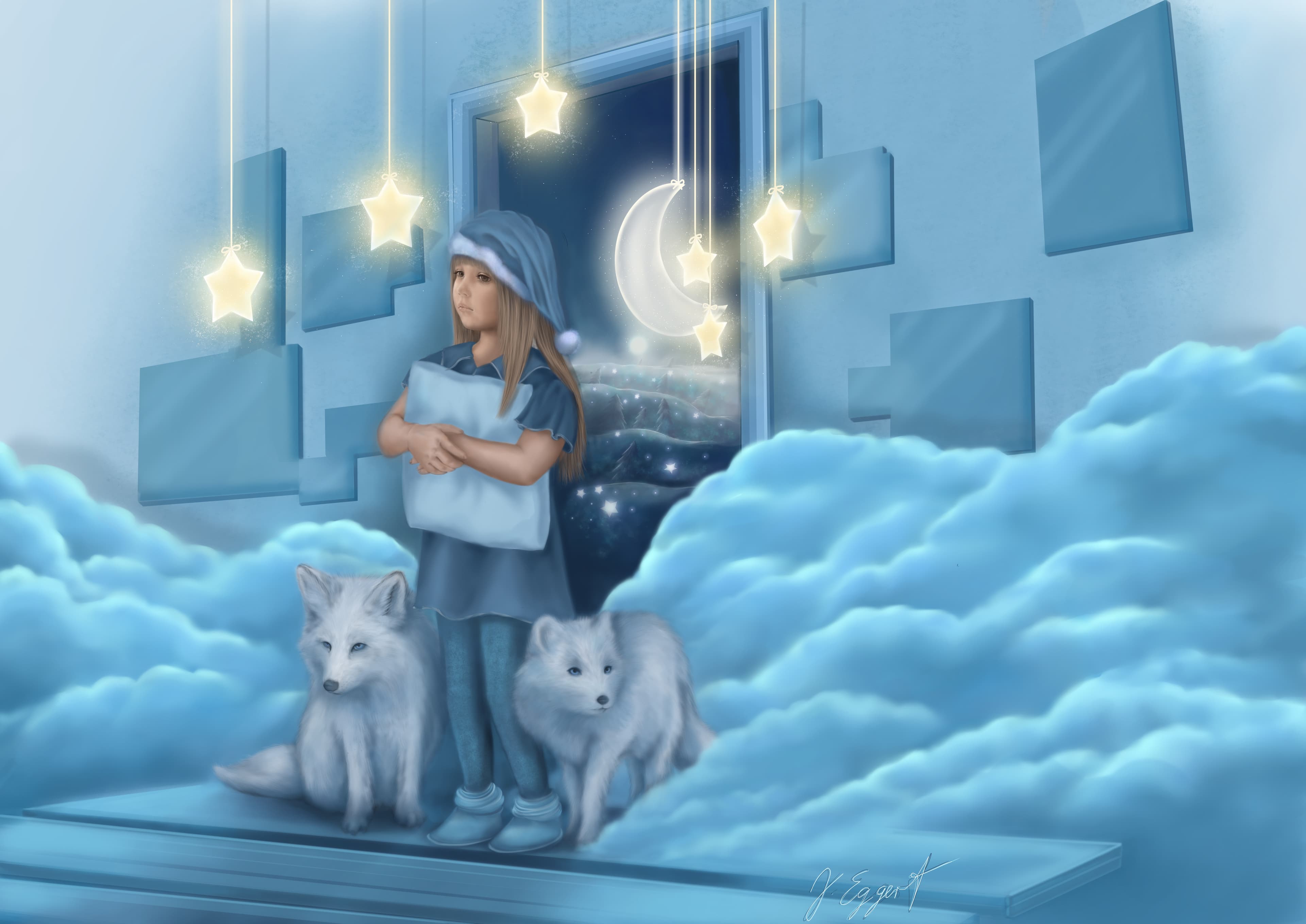 child arctic foxes starry night dream sleep nightfall