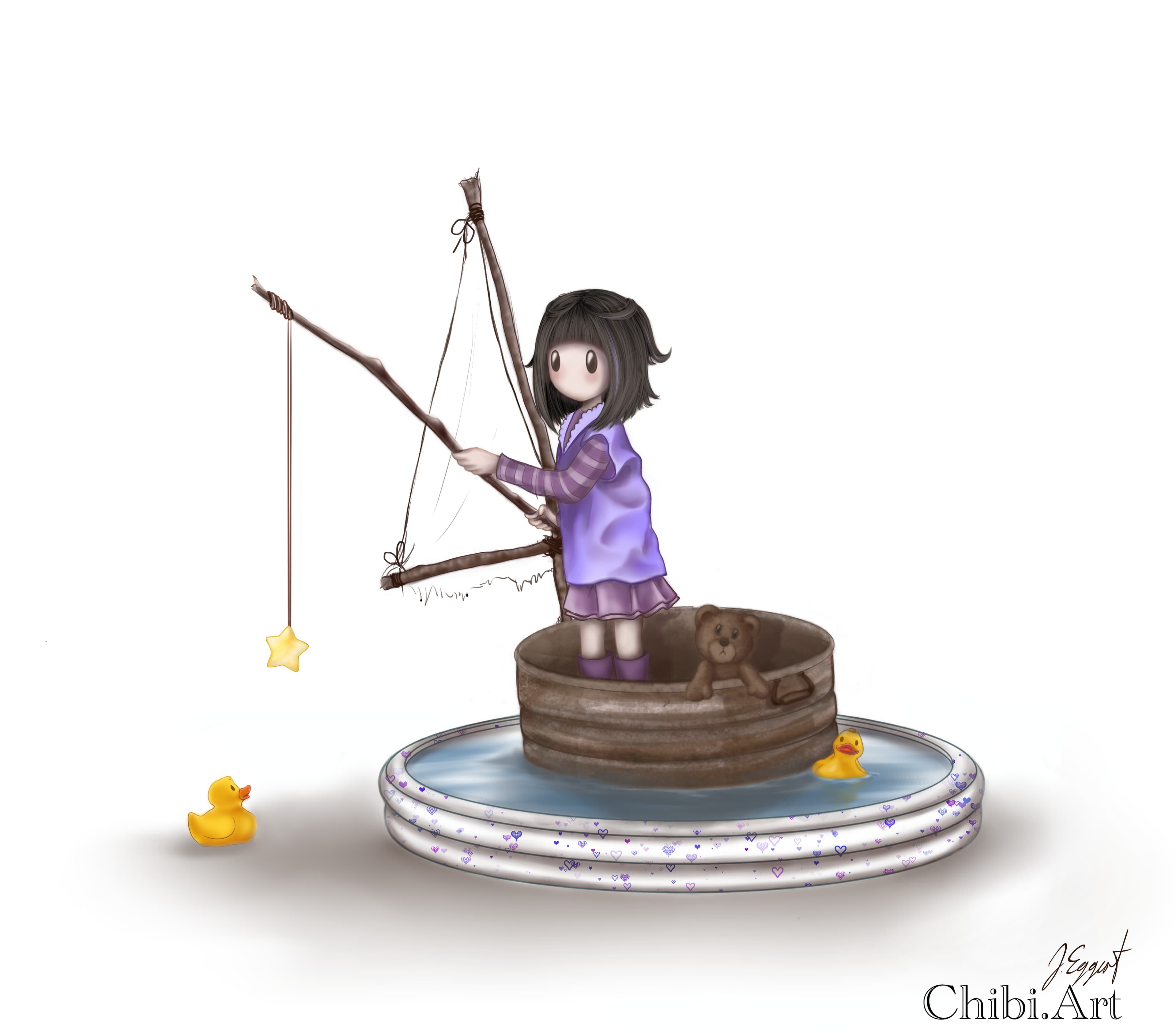 cute chibi girl fishing stars rubber duck