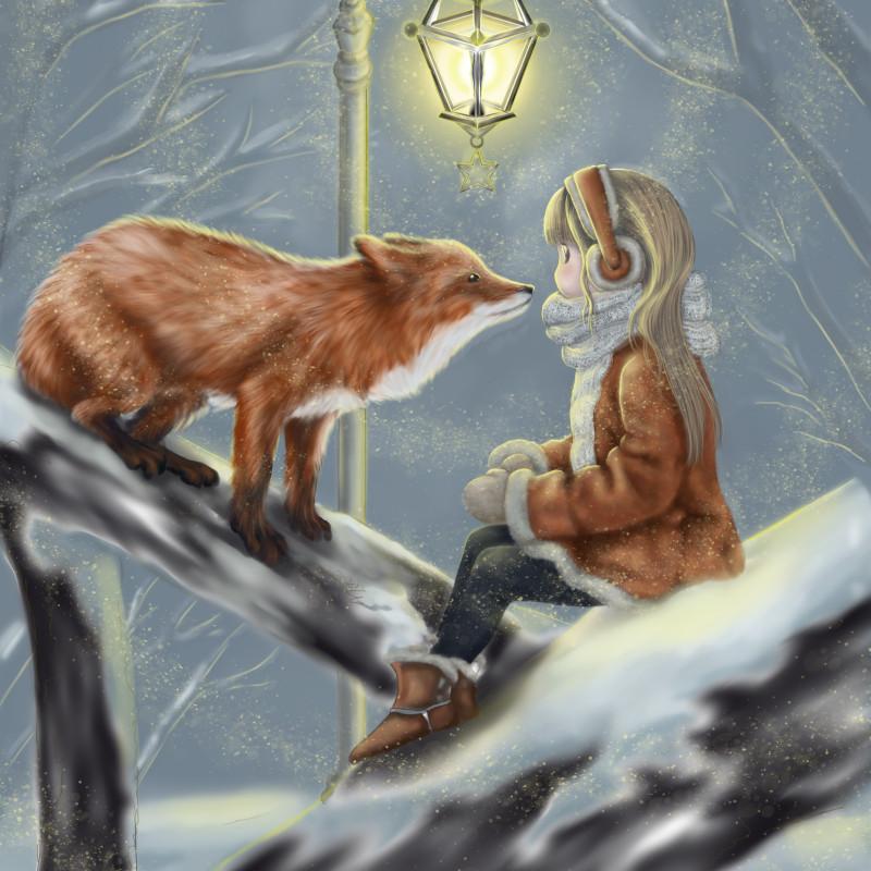 girl and fox share magical winter moment