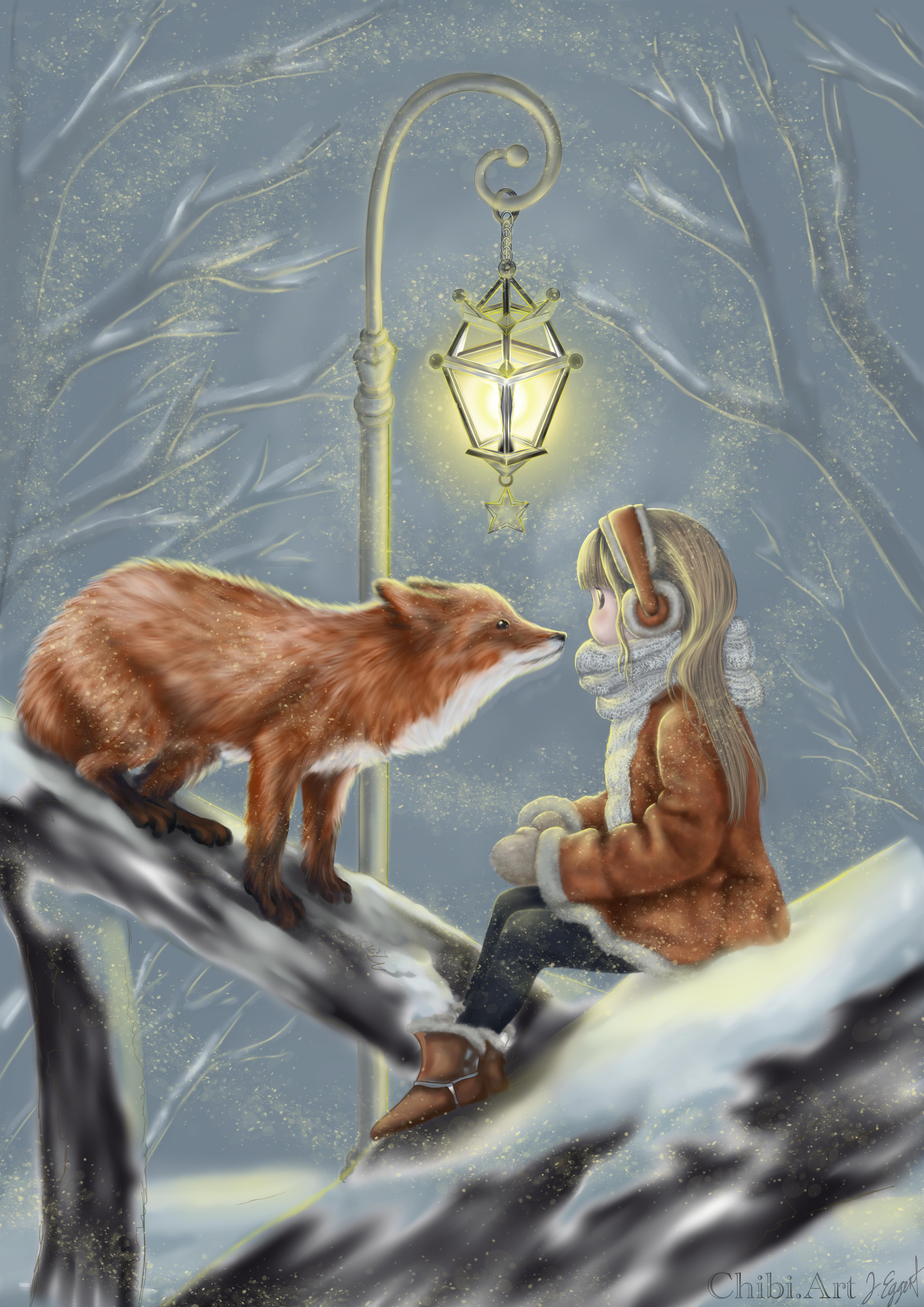 girl and fox share magical winter moment