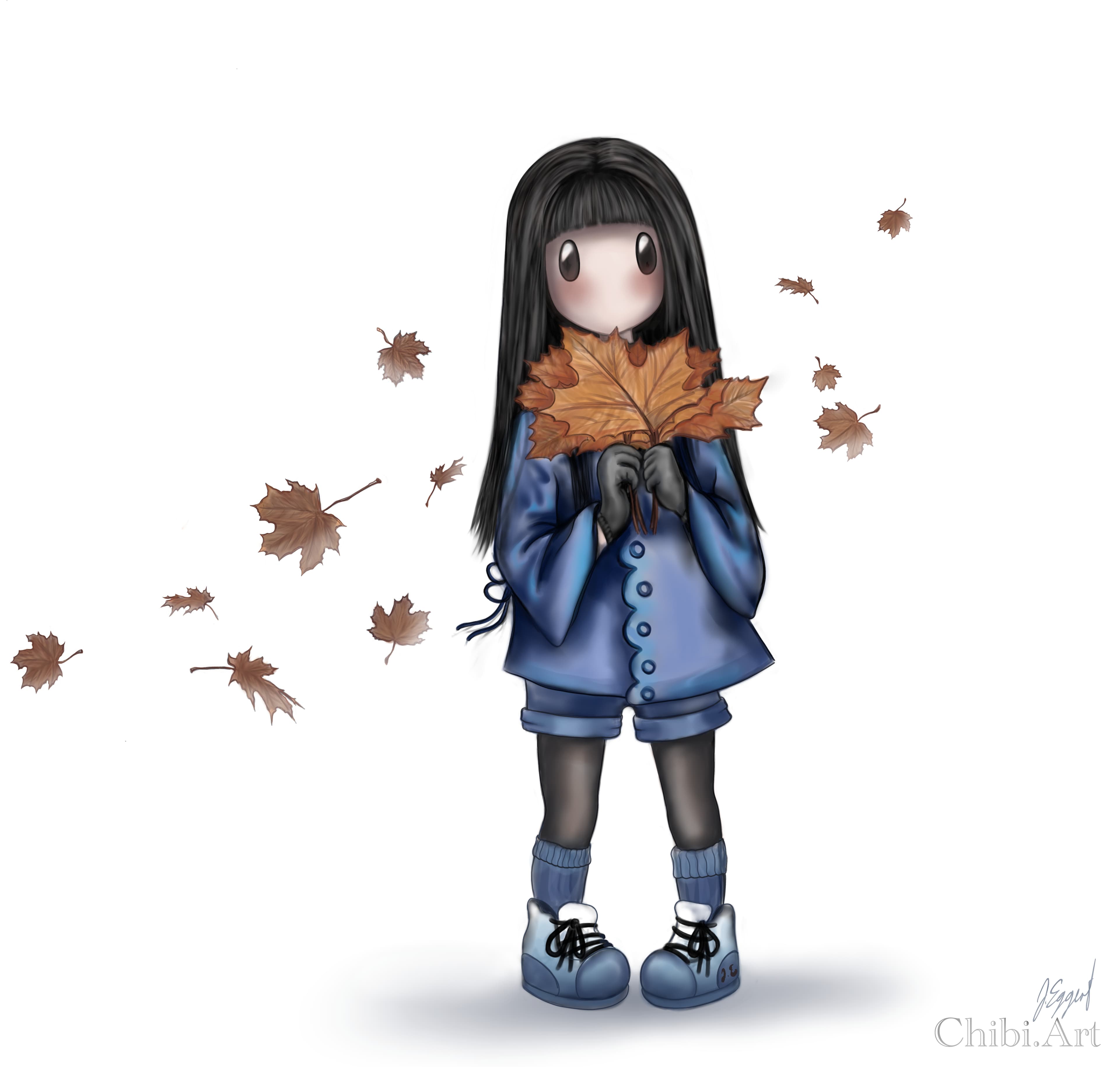 cute chibi girl autumn leaves falling