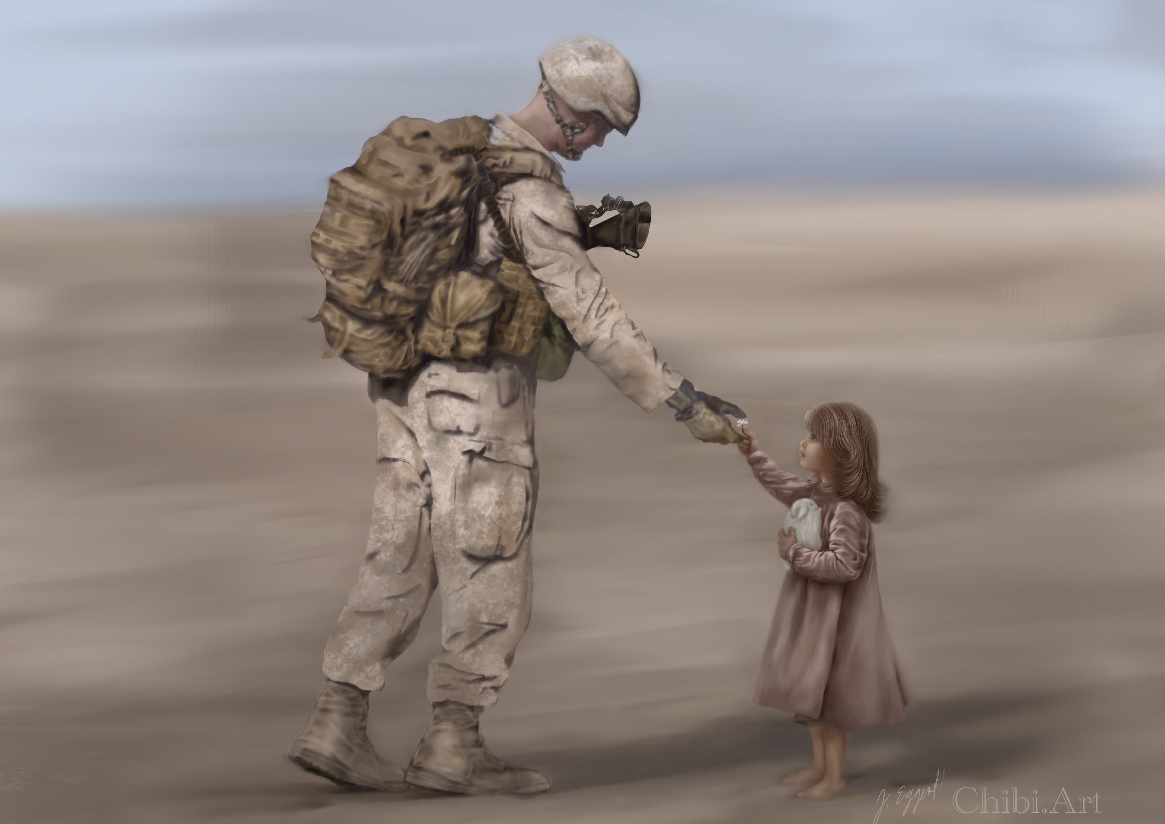 soldier child desert flower peace heartfelt war