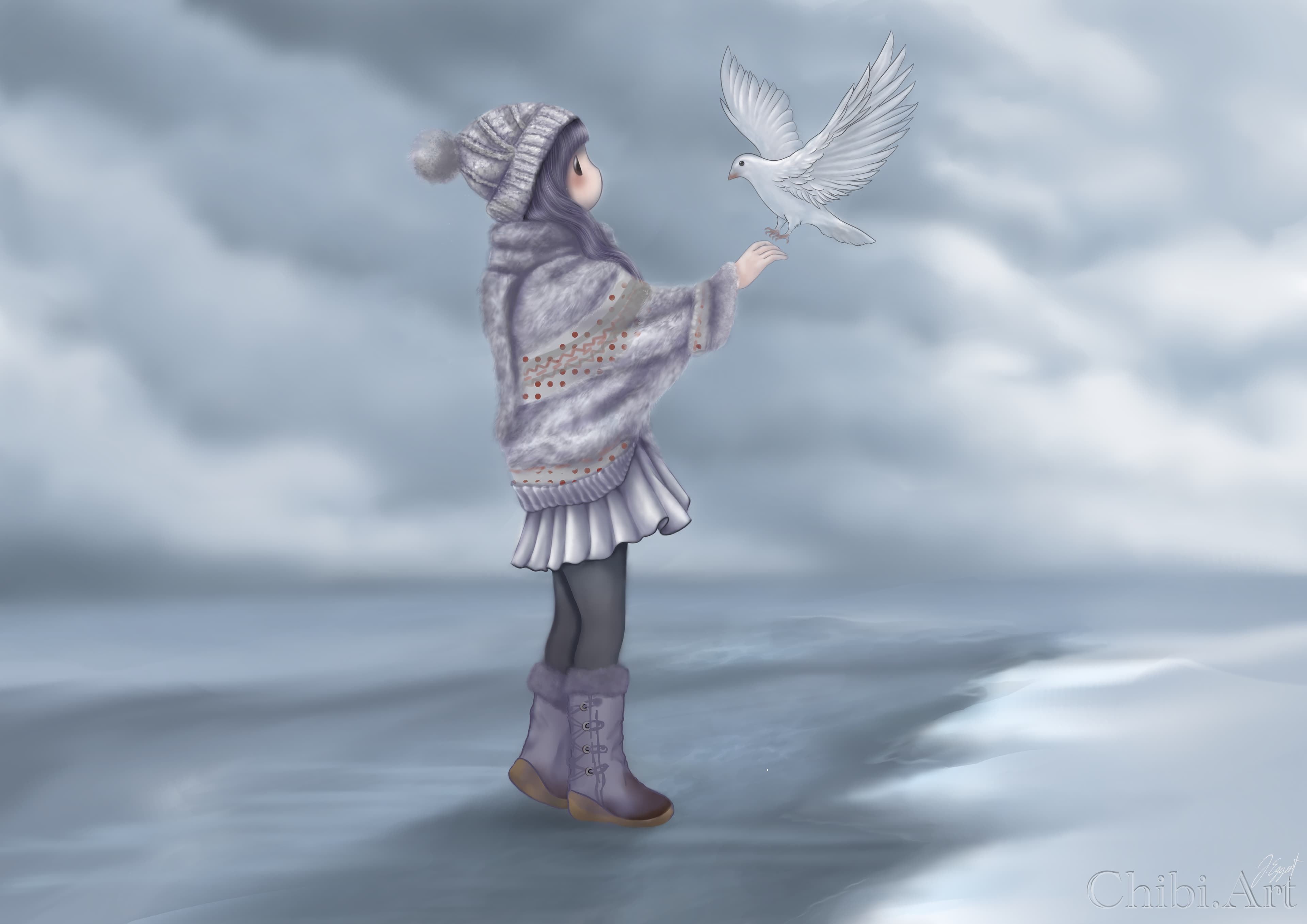 cute chibi dove winter clothes cloudy sky peaceful