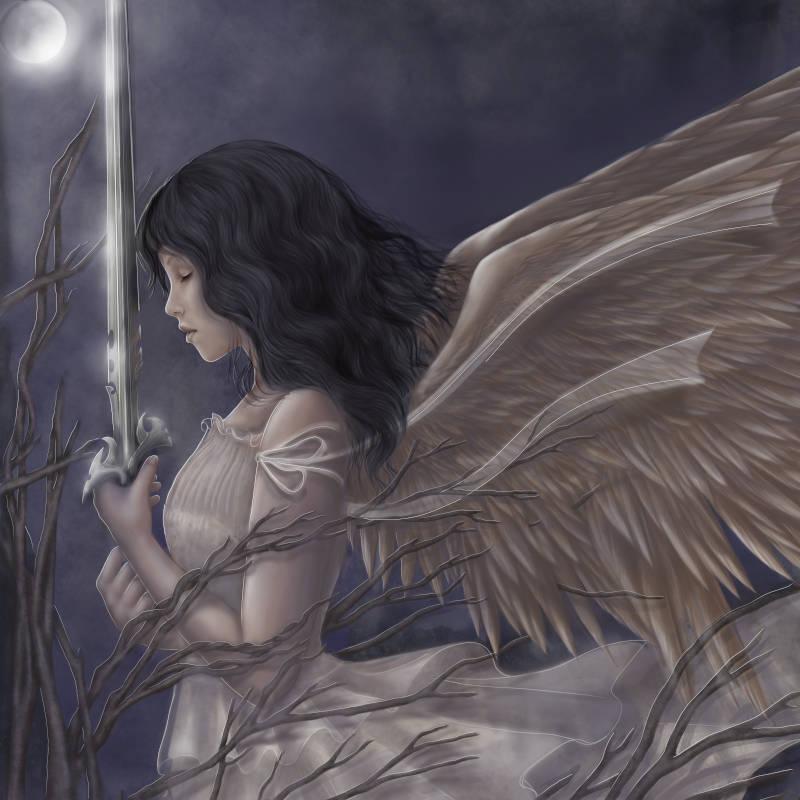 angel moonlight sword ethereal winged figure contemplative