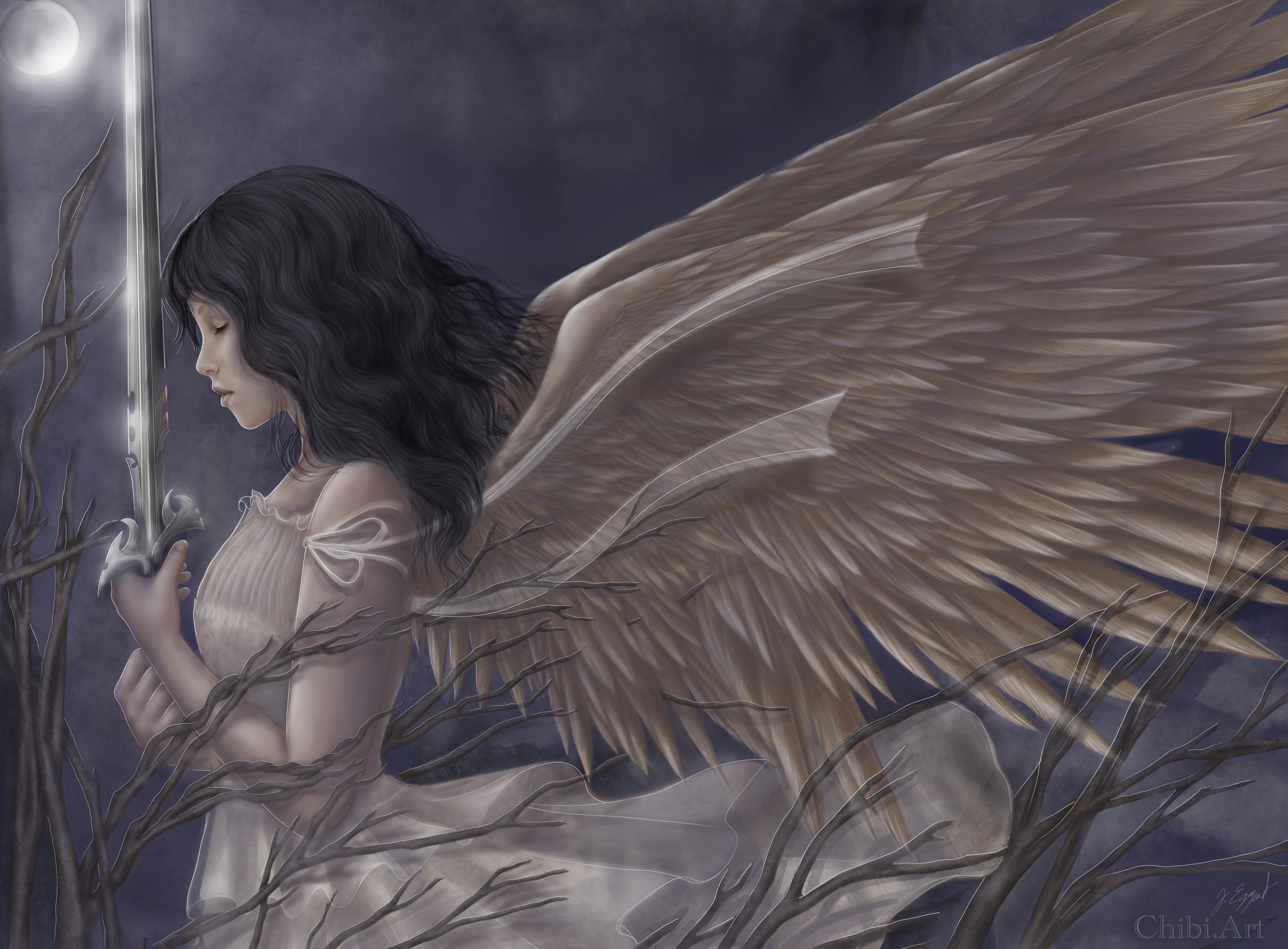 angel moonlight sword ethereal winged figure contemplative