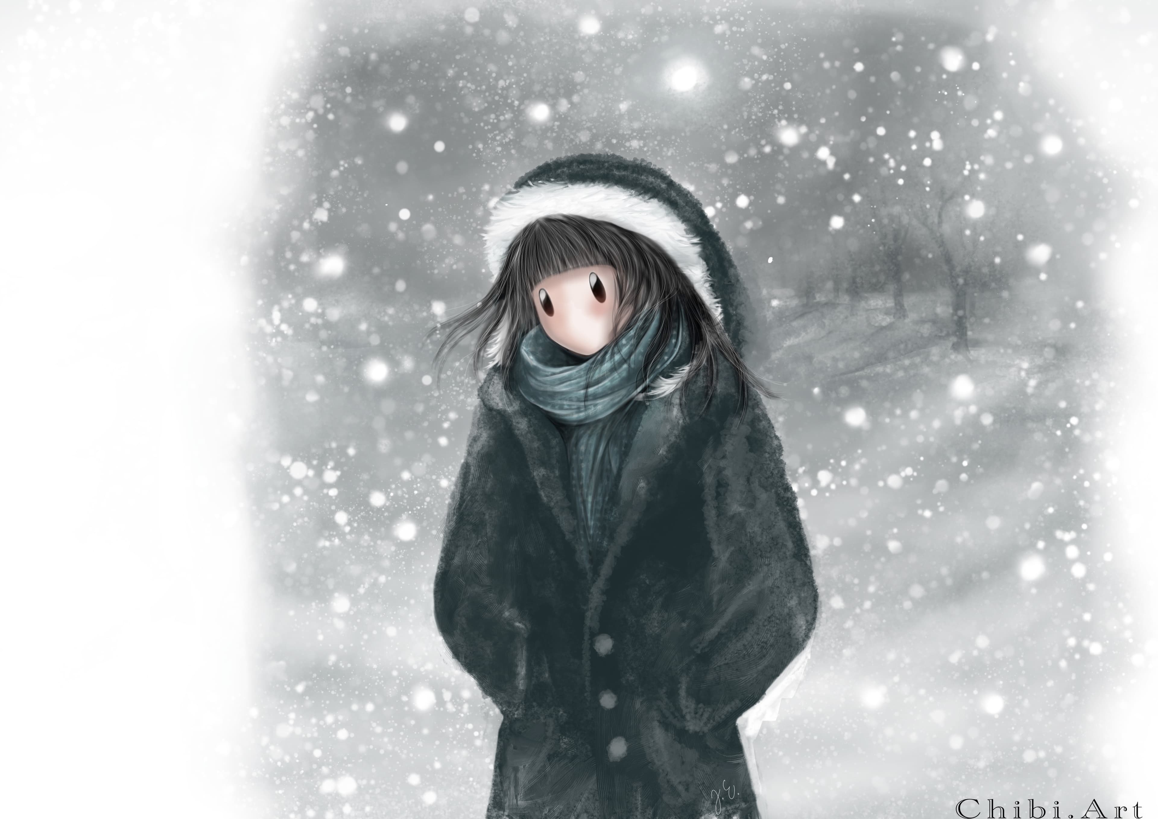 cute chibi girl snowfall winter coat lonely park