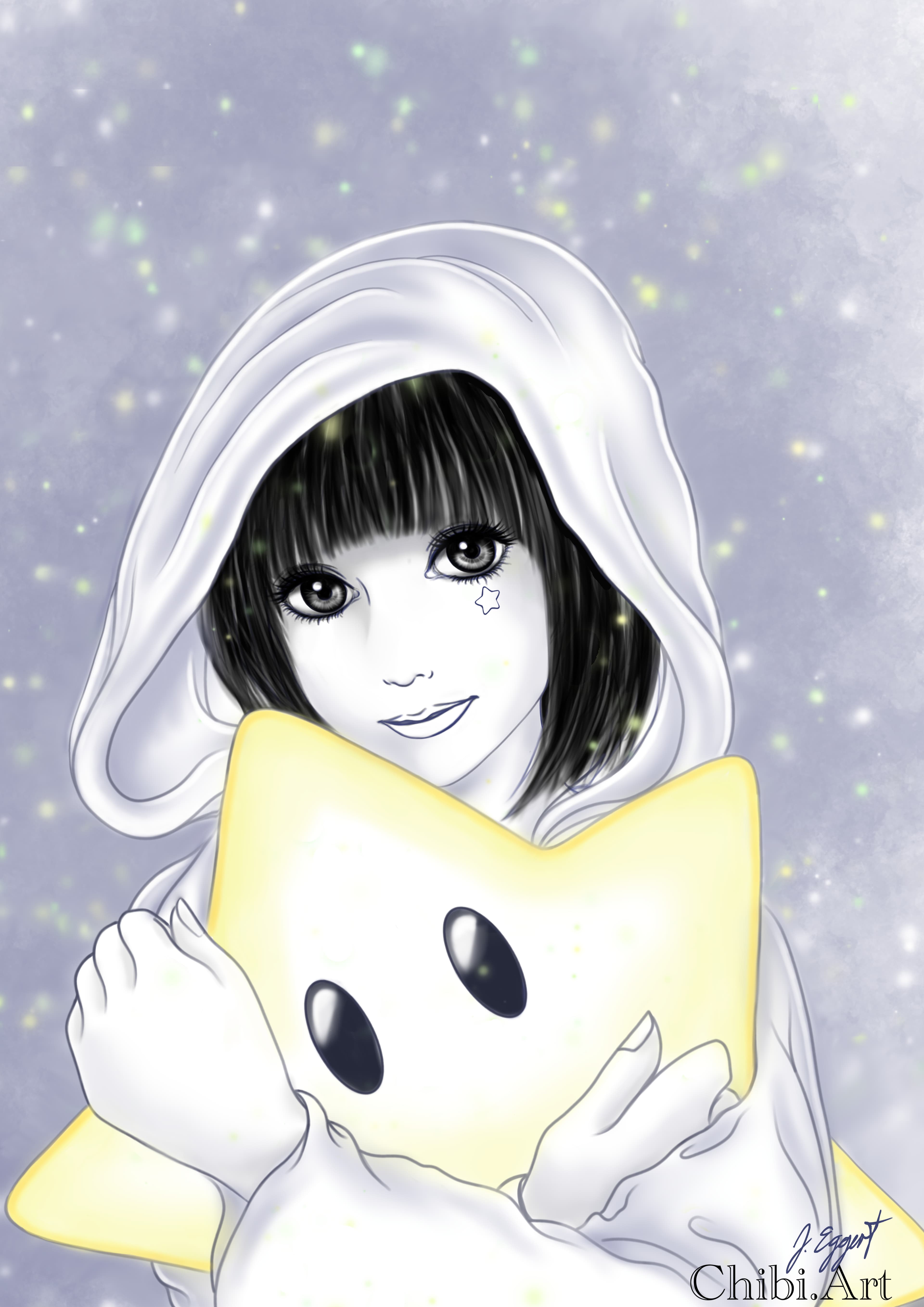 chibi girl star pillow hoodie twinkle lights cozy