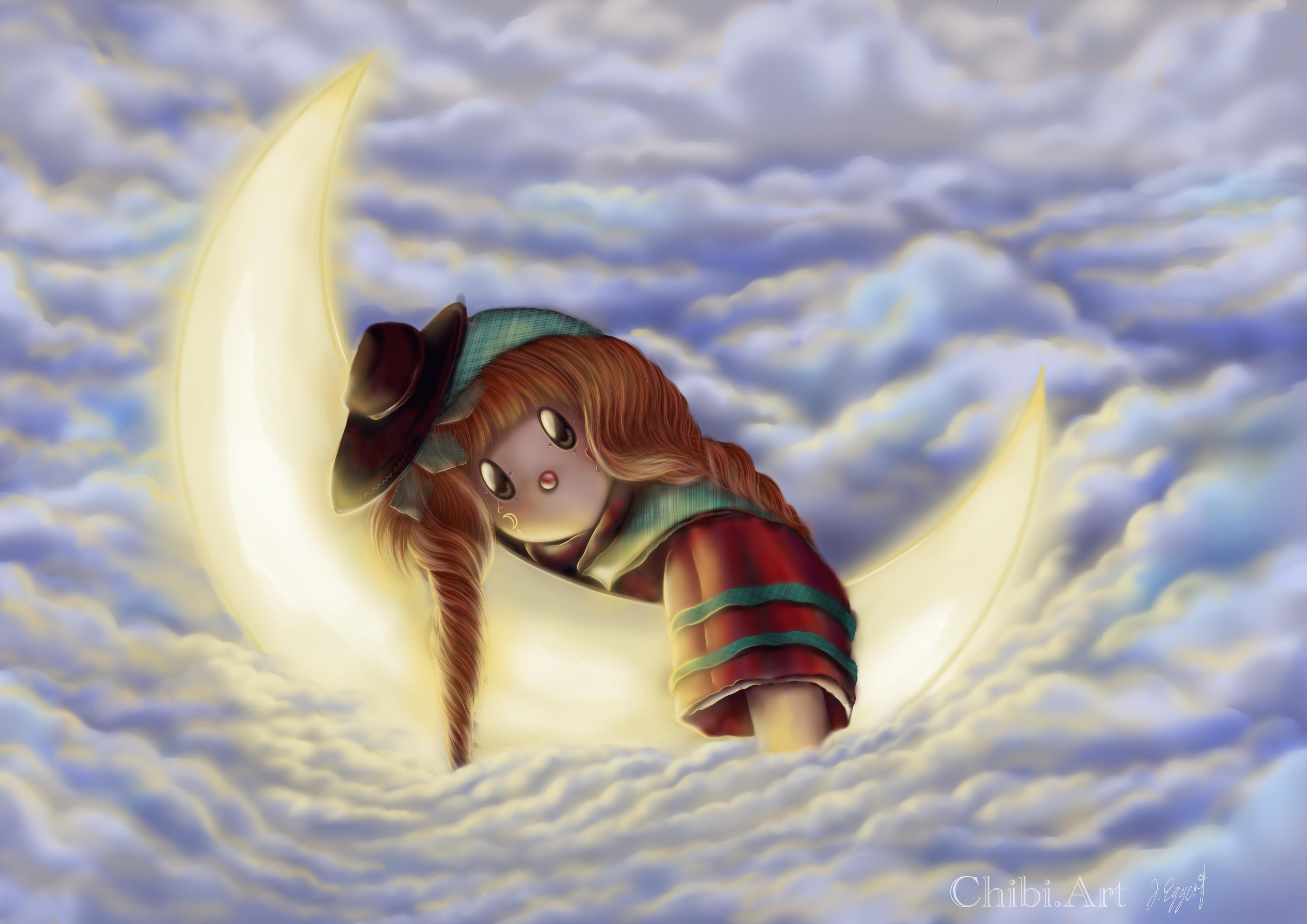 cute chibi drifting boat moon sea clouds