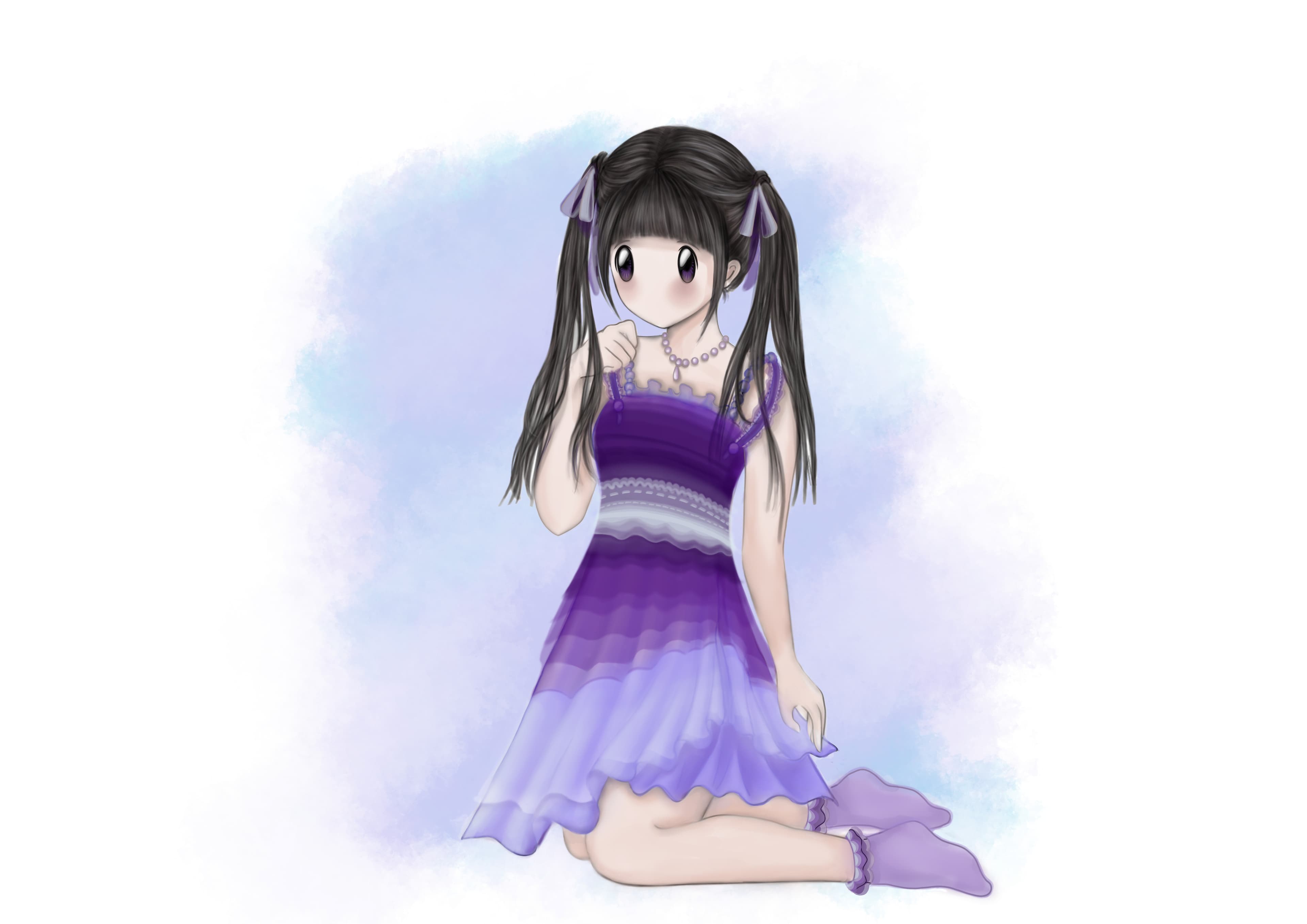 sweet chibi girl purple dress thoughtful