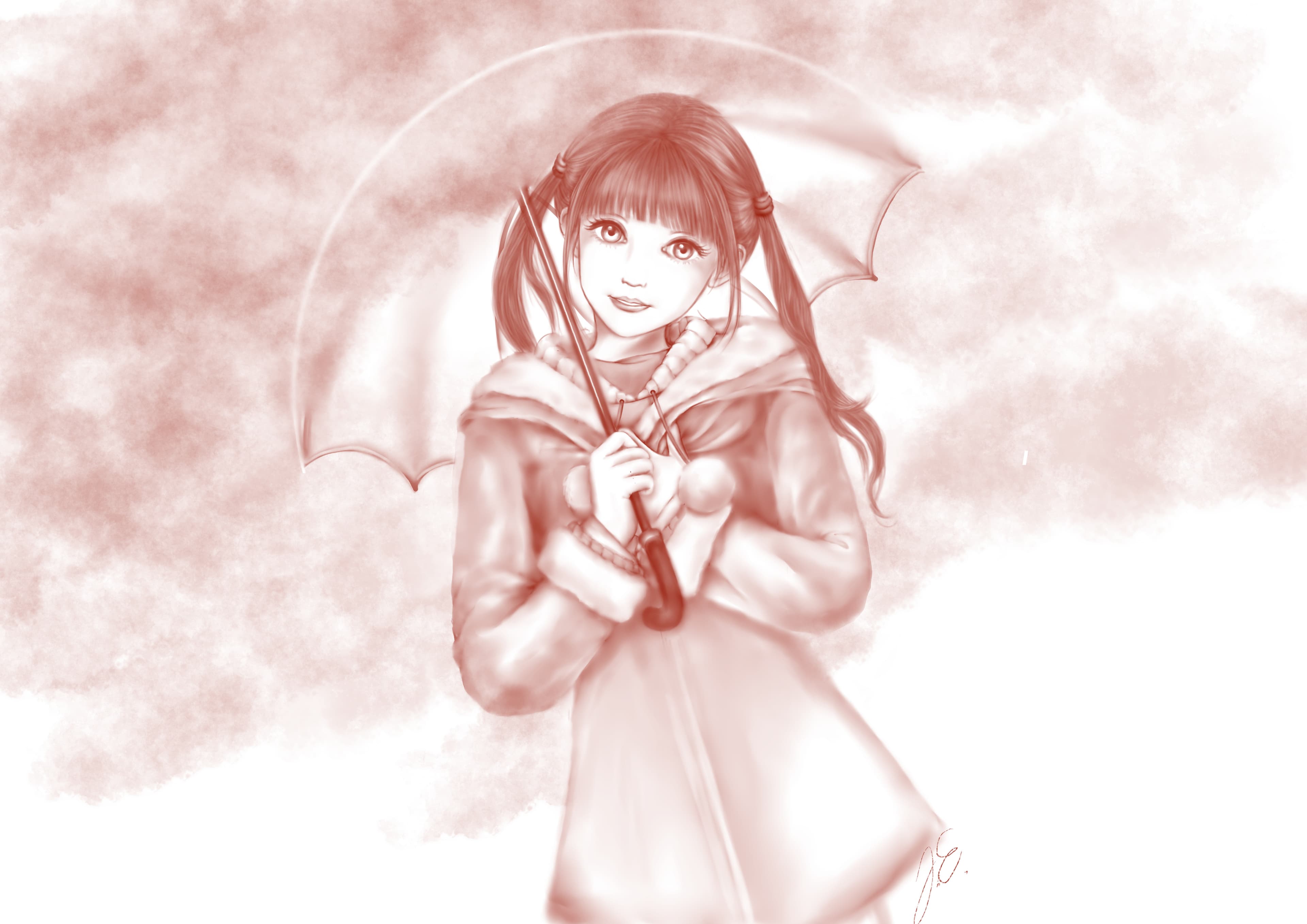 All red Chibi with an umbrella smiles at the viewer dream.
