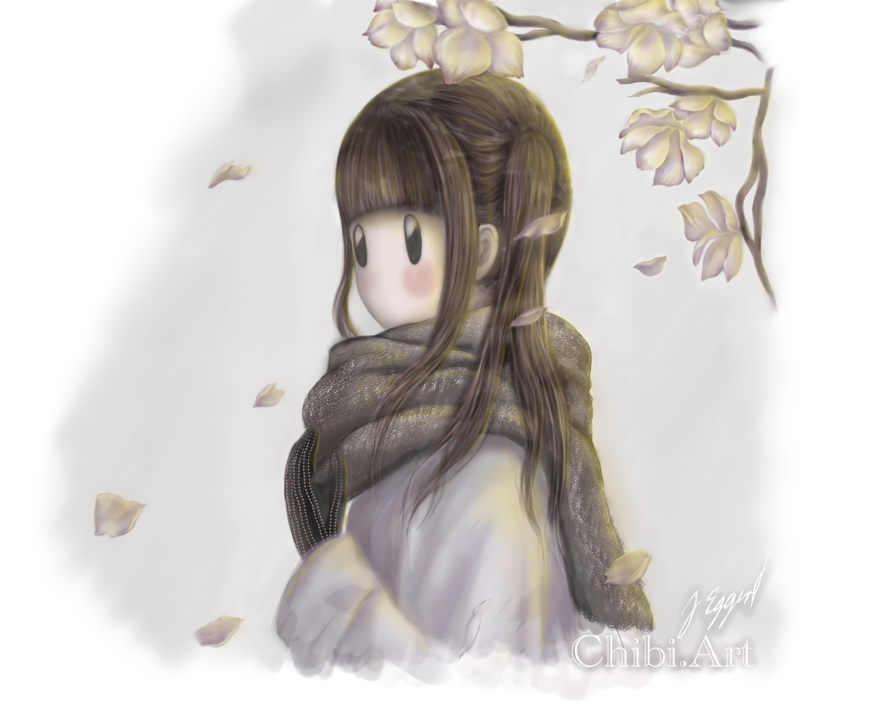 cute chibi girl magnolia flowers petals serene