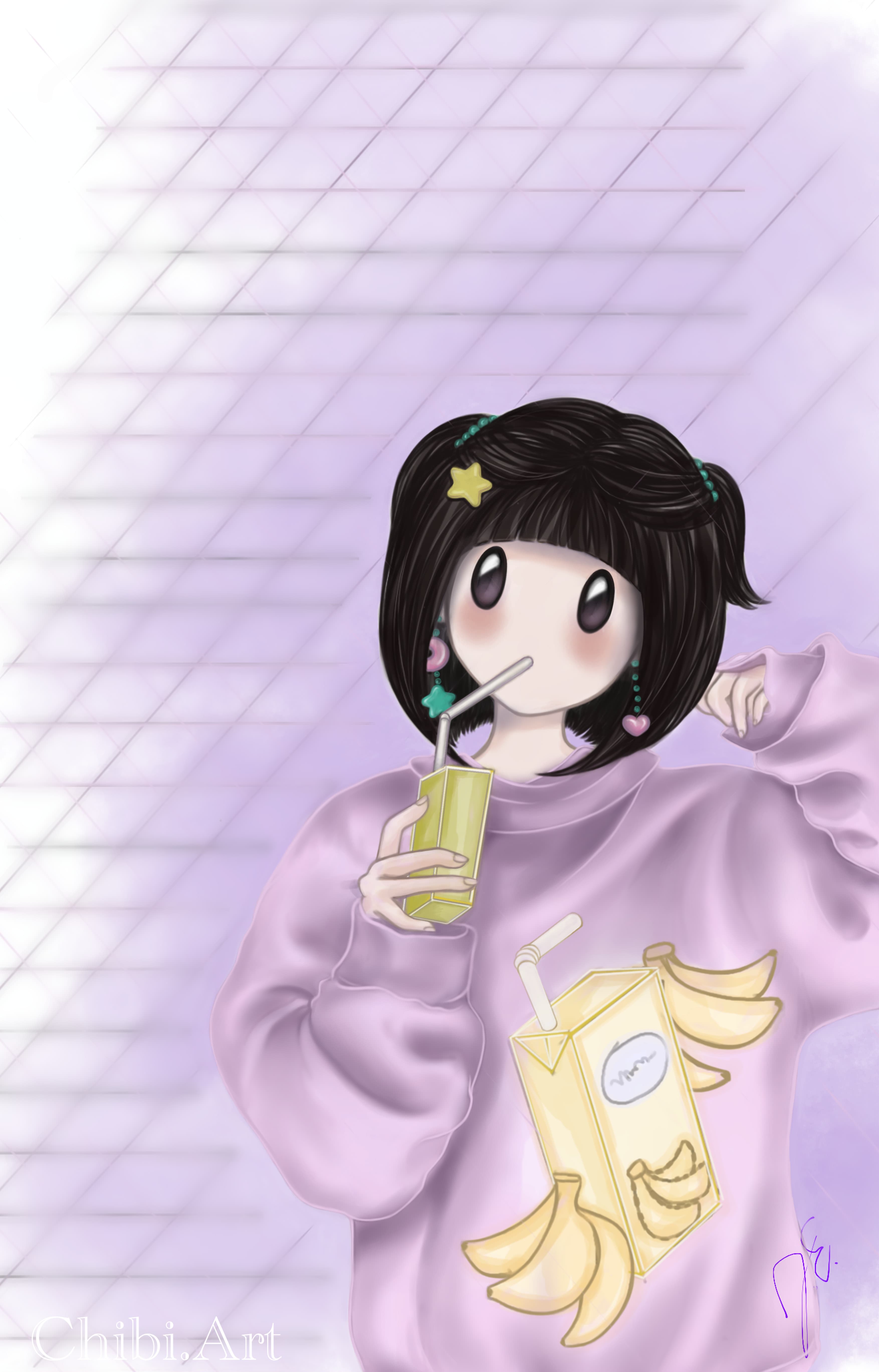 cute chibi girl juice box straw purple