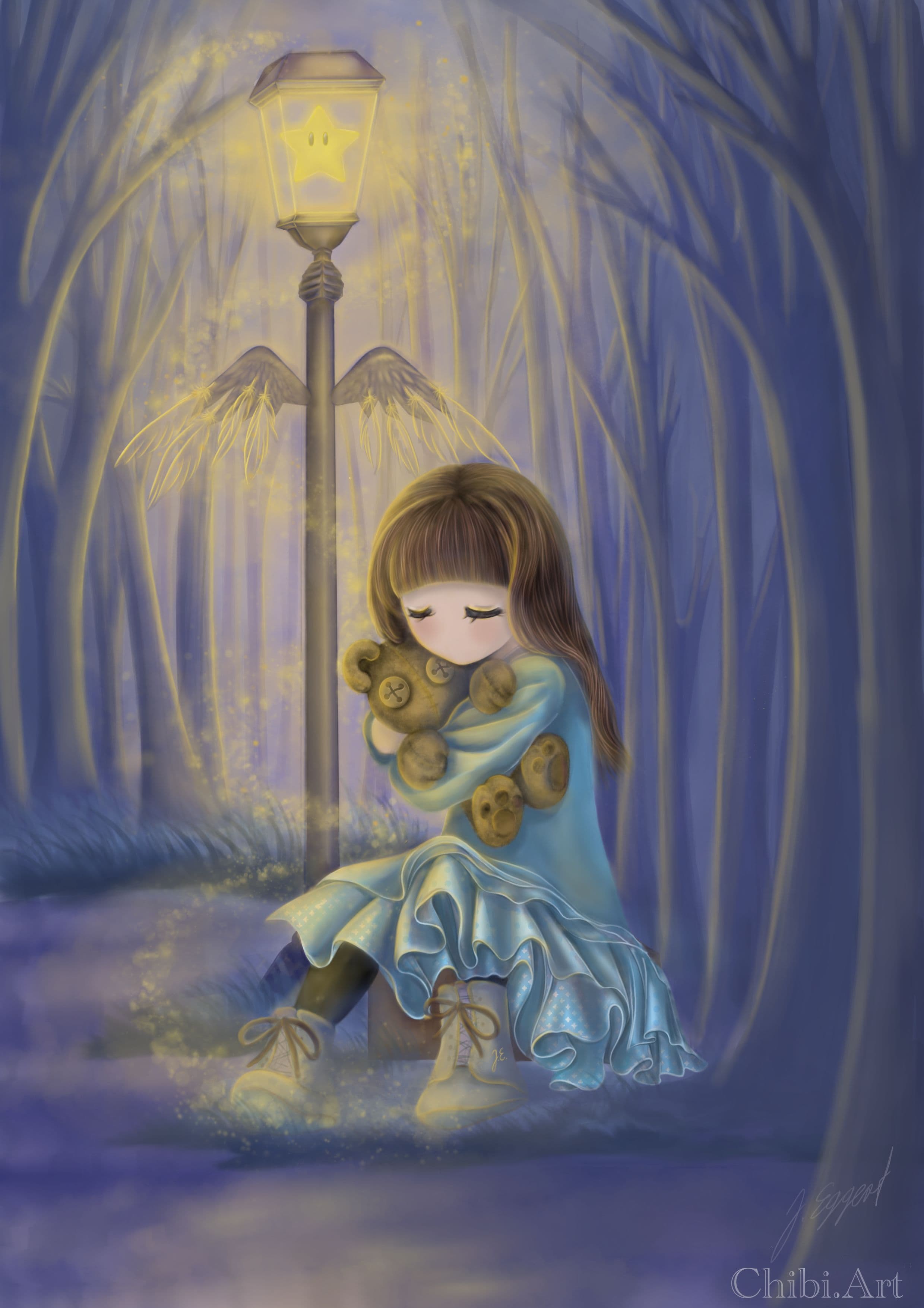cute chibi girl teddy bear streetlamp night magical