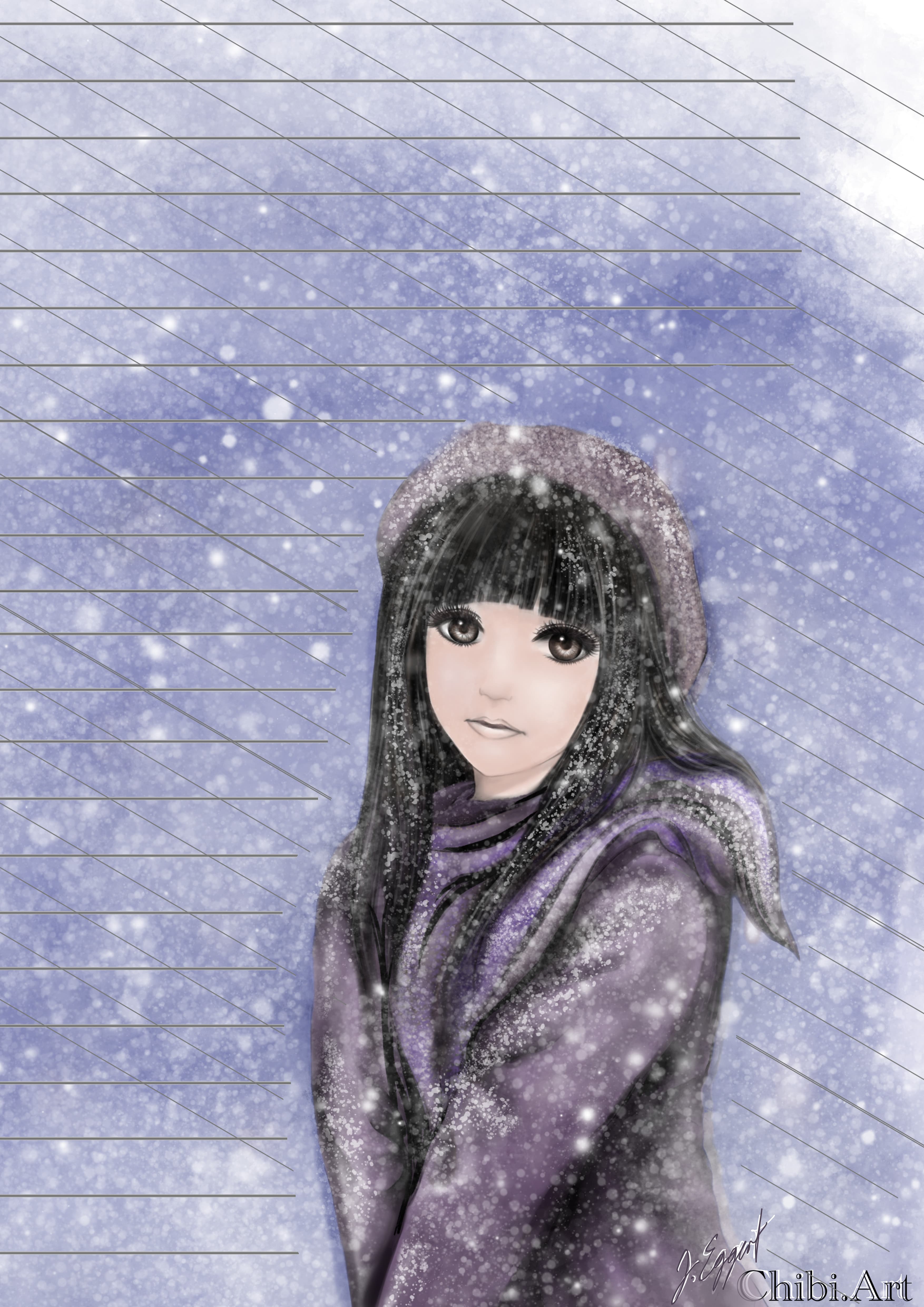 A woman in the snowfall nostalgically reminiscing.