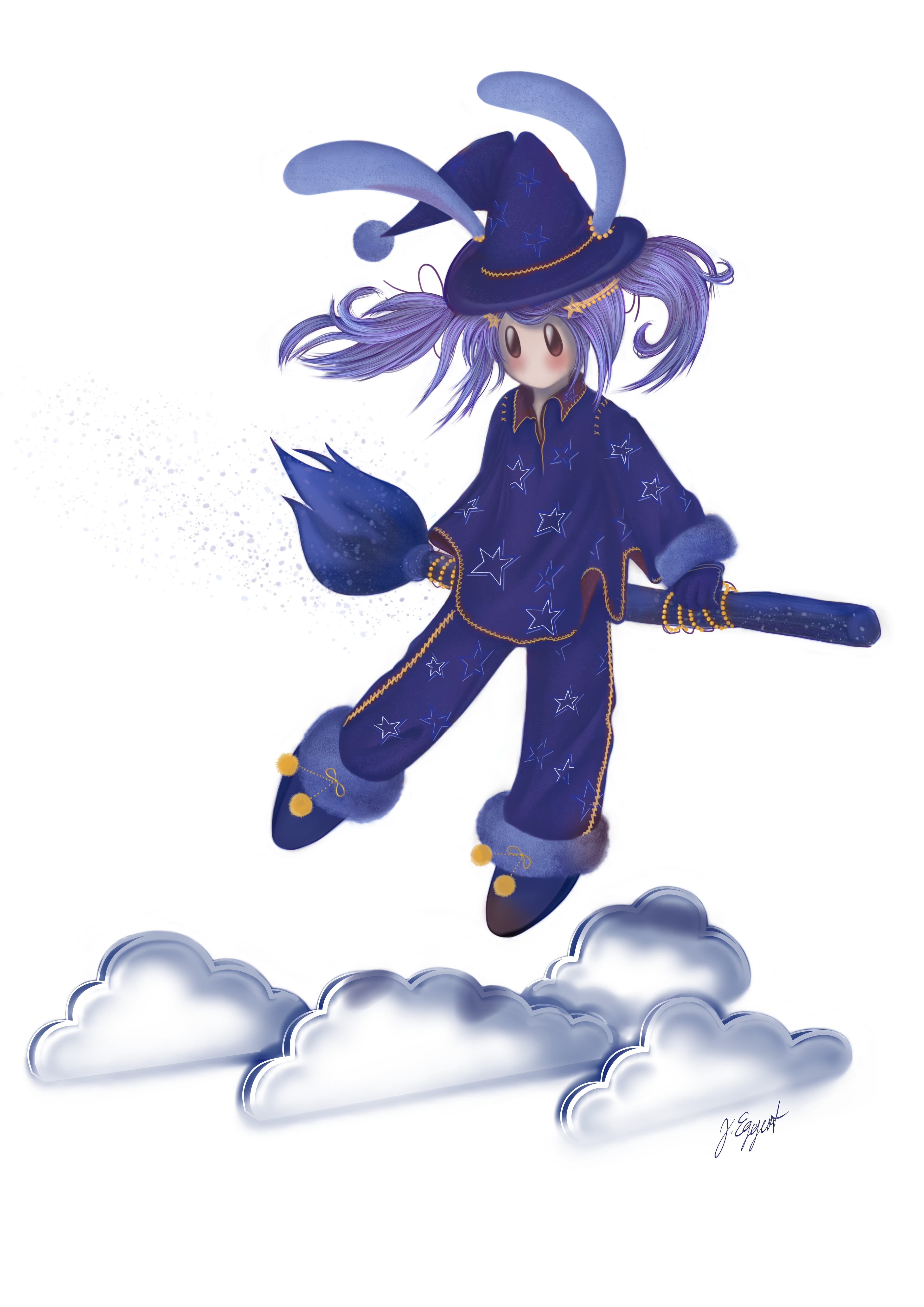 cute chibi witch broom hat stars magic whimsical