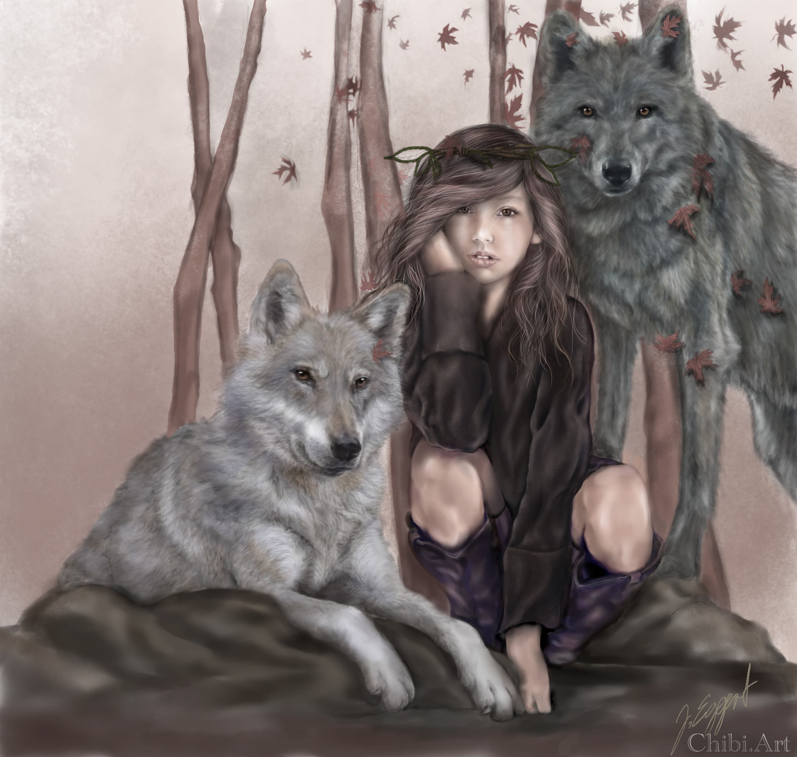 girl wolves forest mystical leaves autumn